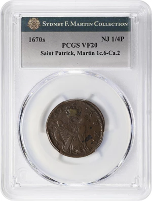 image for: Undated (ca. 1652-1674) St. Patrick Farthing. Martin 1c.6-Ca.2, W-11500. Rarity-5. Copper. Nothing Below King. VF-20 (PCGS).