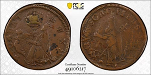 image for: Undated (ca. 1652-1674) St. Patrick Farthing. Martin 1c.6-Ca.2, W-11500. Rarity-5. Copper. Nothing Below King. VF-20 (PCGS).