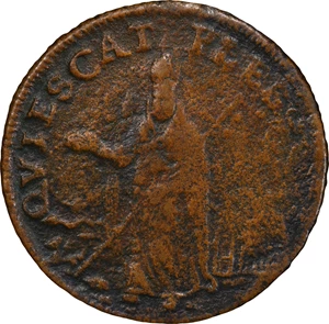 image for: Undated (ca. 1652-1674) St. Patrick Farthing. Martin 1c.17-Ca.14, W-11500. Rarity-6+. Copper. Ground Lines Below King. Fine Details--Environmental Damage (PCGS).