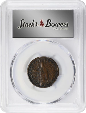 image for: Undated (ca. 1652-1674) St. Patrick Farthing. Martin 1c.17-Ca.14, W-11500. Rarity-6+. Copper. Ground Lines Below King. Fine Details--Environmental Damage (PCGS).
