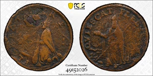image for: Undated (ca. 1652-1674) St. Patrick Farthing. Martin 1c.17-Ca.14, W-11500. Rarity-6+. Copper. Ground Lines Below King. Fine Details--Environmental Damage (PCGS).