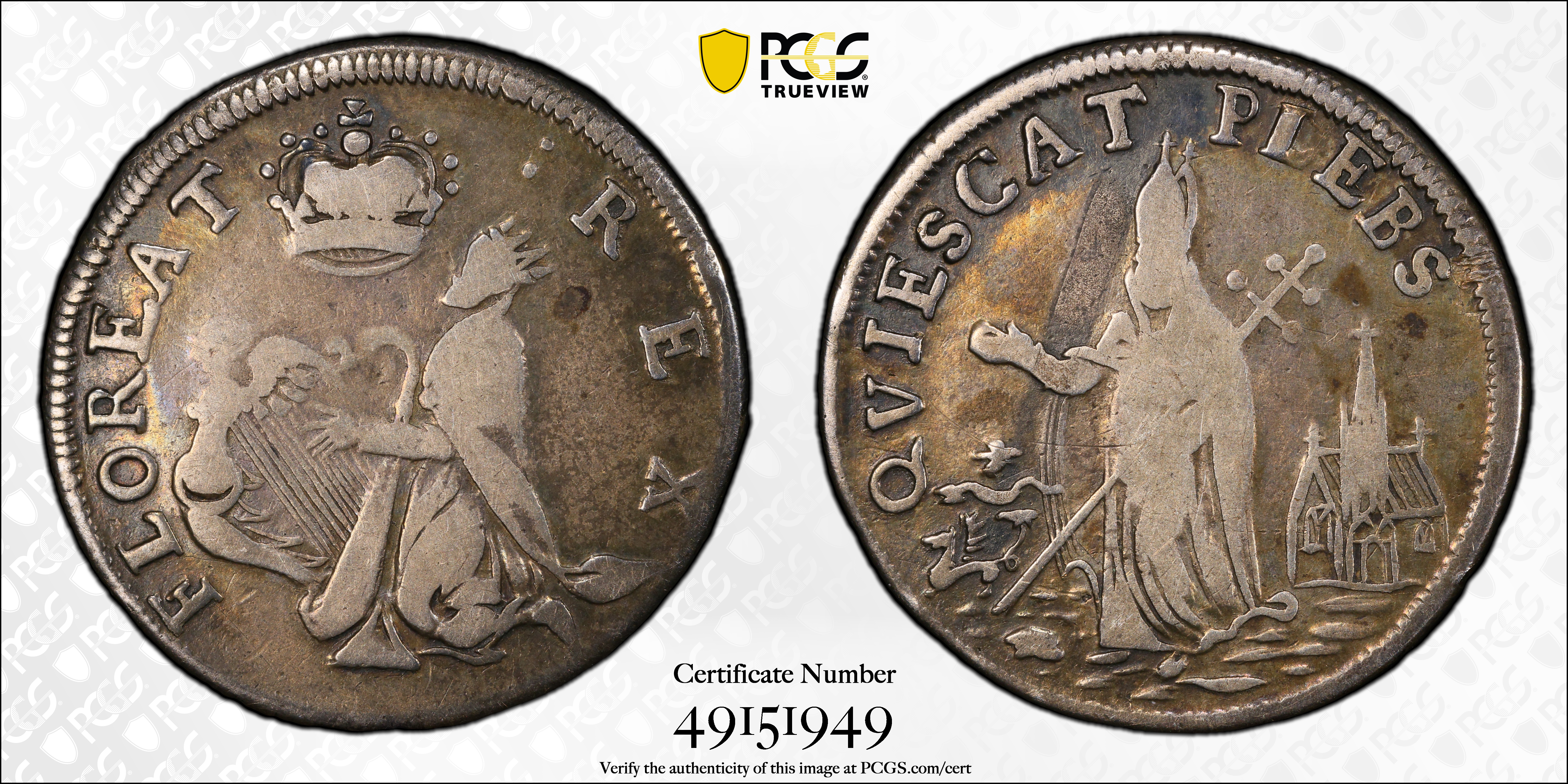 image for: Undated (ca. 1652-1674) St. Patrick Farthing. Martin 1d.1-Ba.11, W-11520. Rarity-6+. Silver. Nothing Below King. Fine-15 (PCGS).
