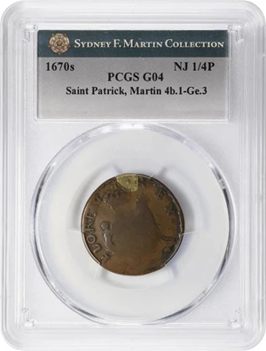 image for: Undated (ca. 1652-1674) St. Patrick Farthing. Martin 4b.1-Ge.3, W-11500. Rarity-6. Copper. Sea Beasts Below King, Stars in Legend. Good-4 (PCGS).