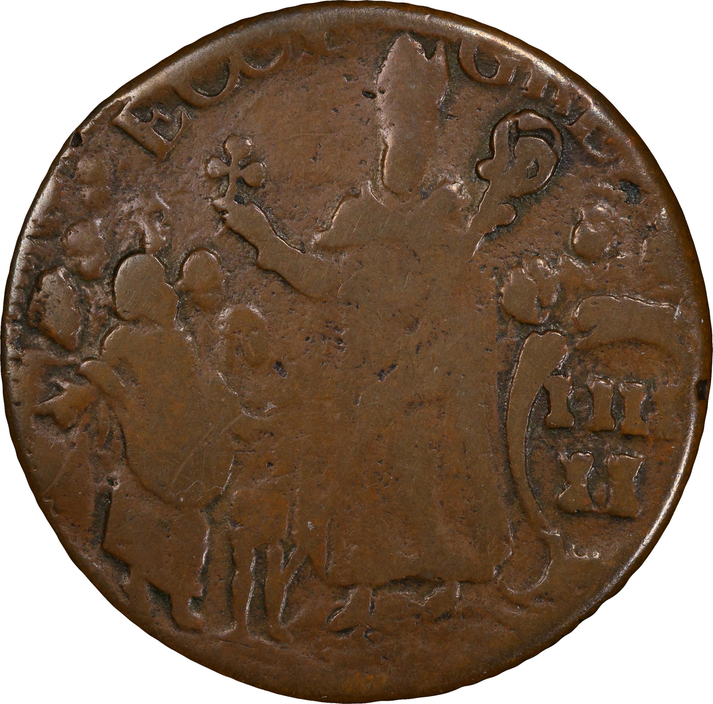 image for: Undated (ca. 1652-1674) St. Patrick Halfpenny. Martin 1-B, W-11540. Rarity-4. Large Letters. Fine-12 (PCGS).
