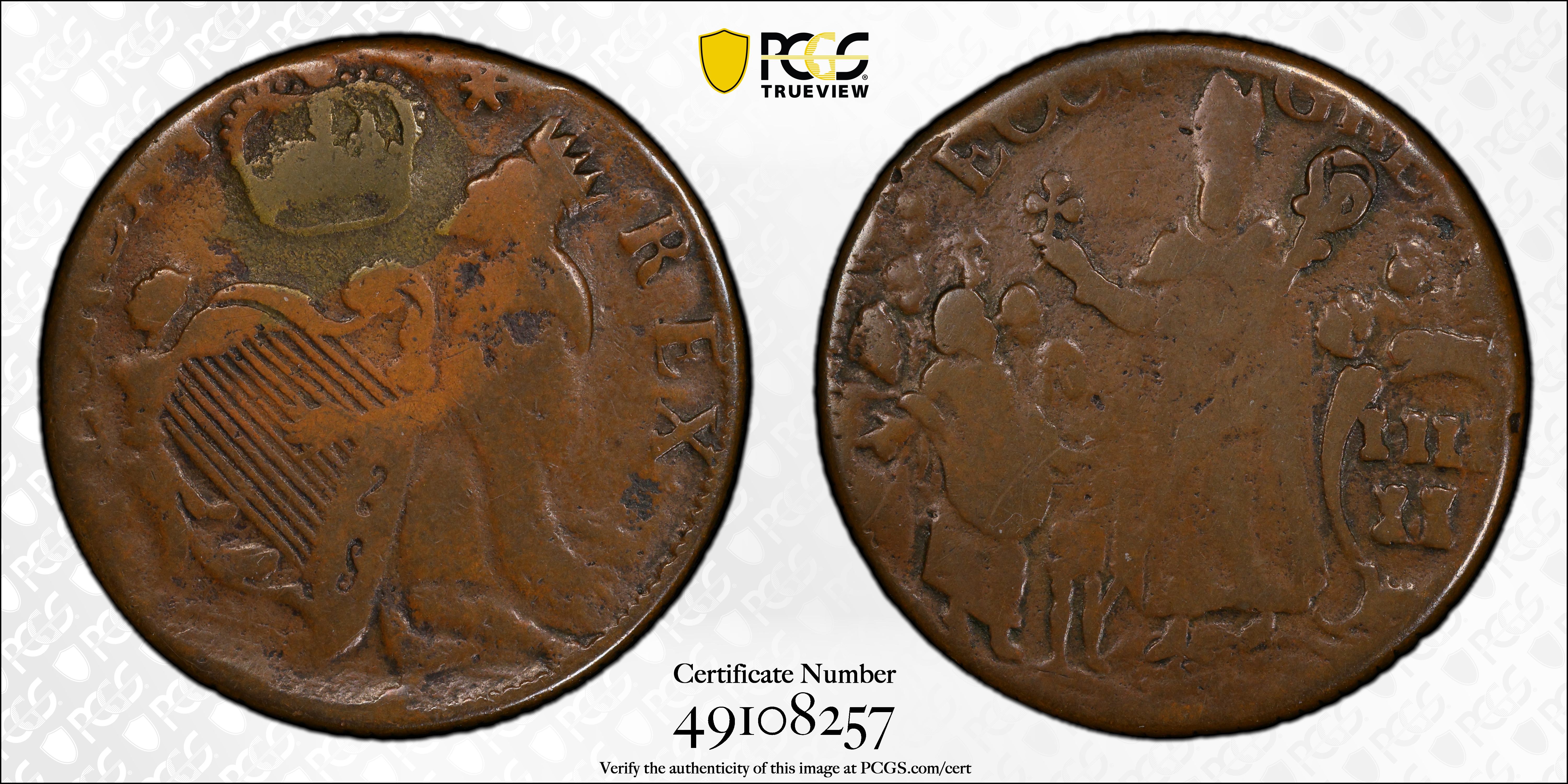 image for: Undated (ca. 1652-1674) St. Patrick Halfpenny. Martin 1-B, W-11540. Rarity-4. Large Letters. Fine-12 (PCGS).