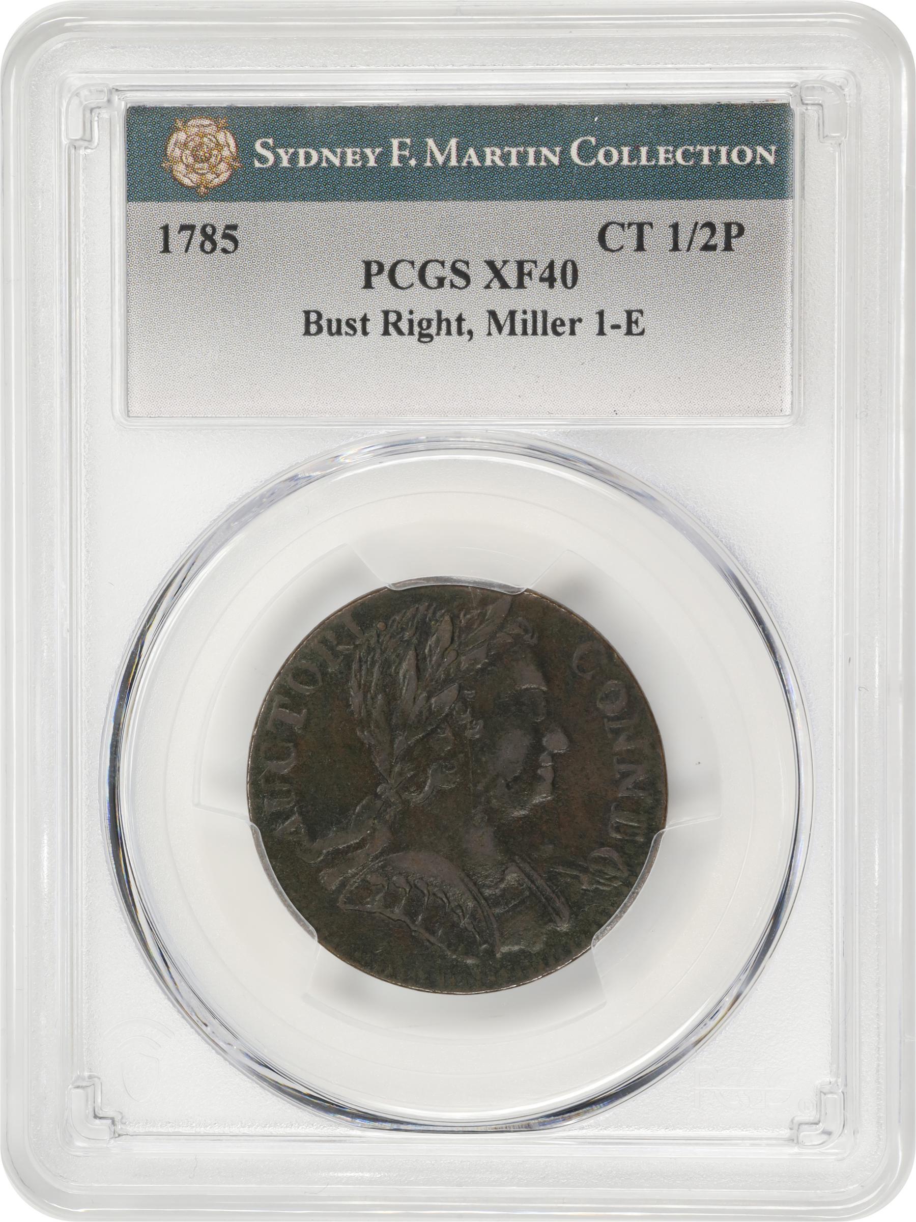 image for: 1785 Connecticut Copper. Miller 1-E, W-2300. Rarity-4. Bust Right. EF-40 (PCGS).