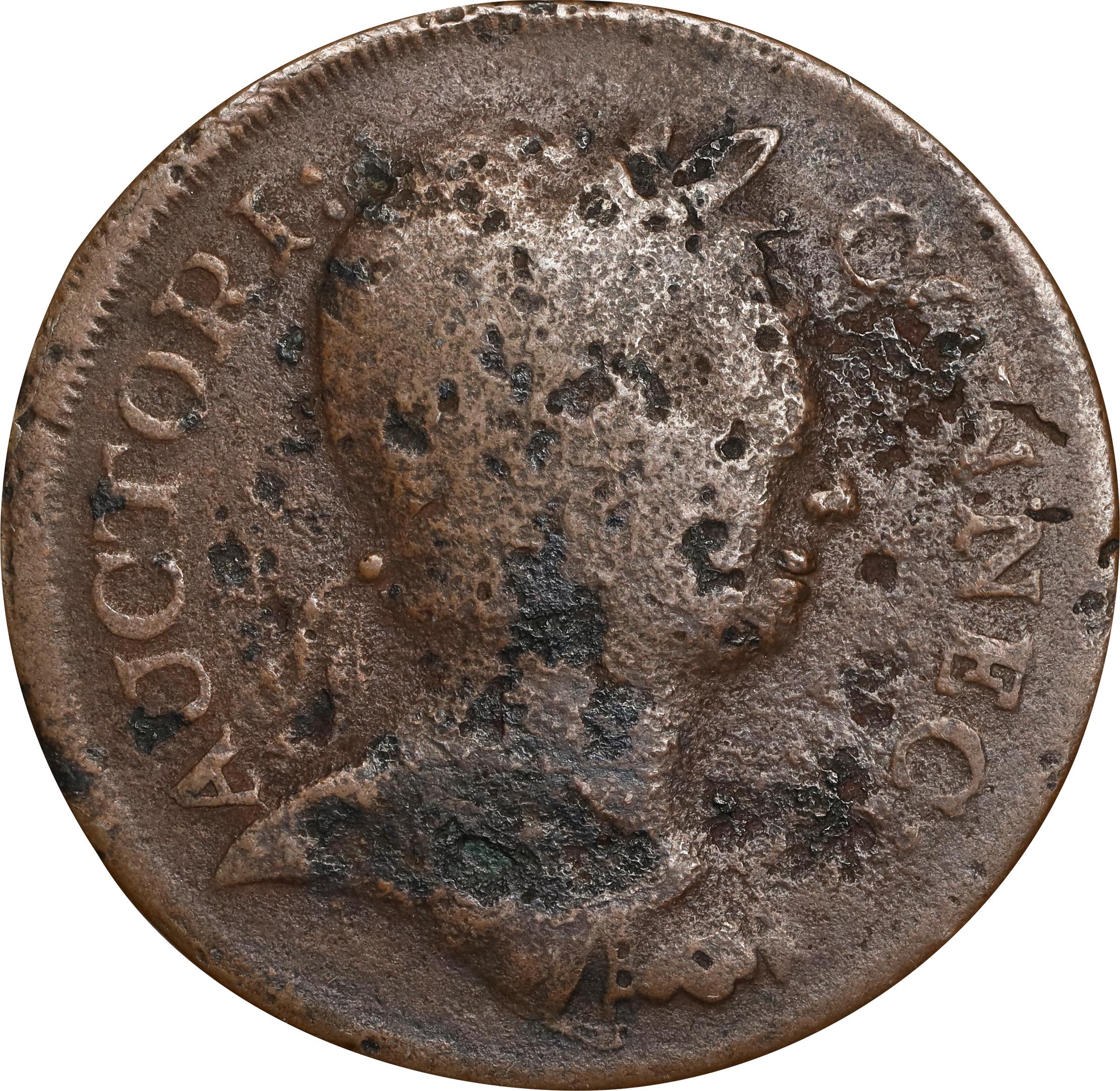image for: 1785 Connecticut Copper. Miller 2-A.1, W-2305. Rarity-5-. Bust Right, Roman Head. Fine, Corrosion.