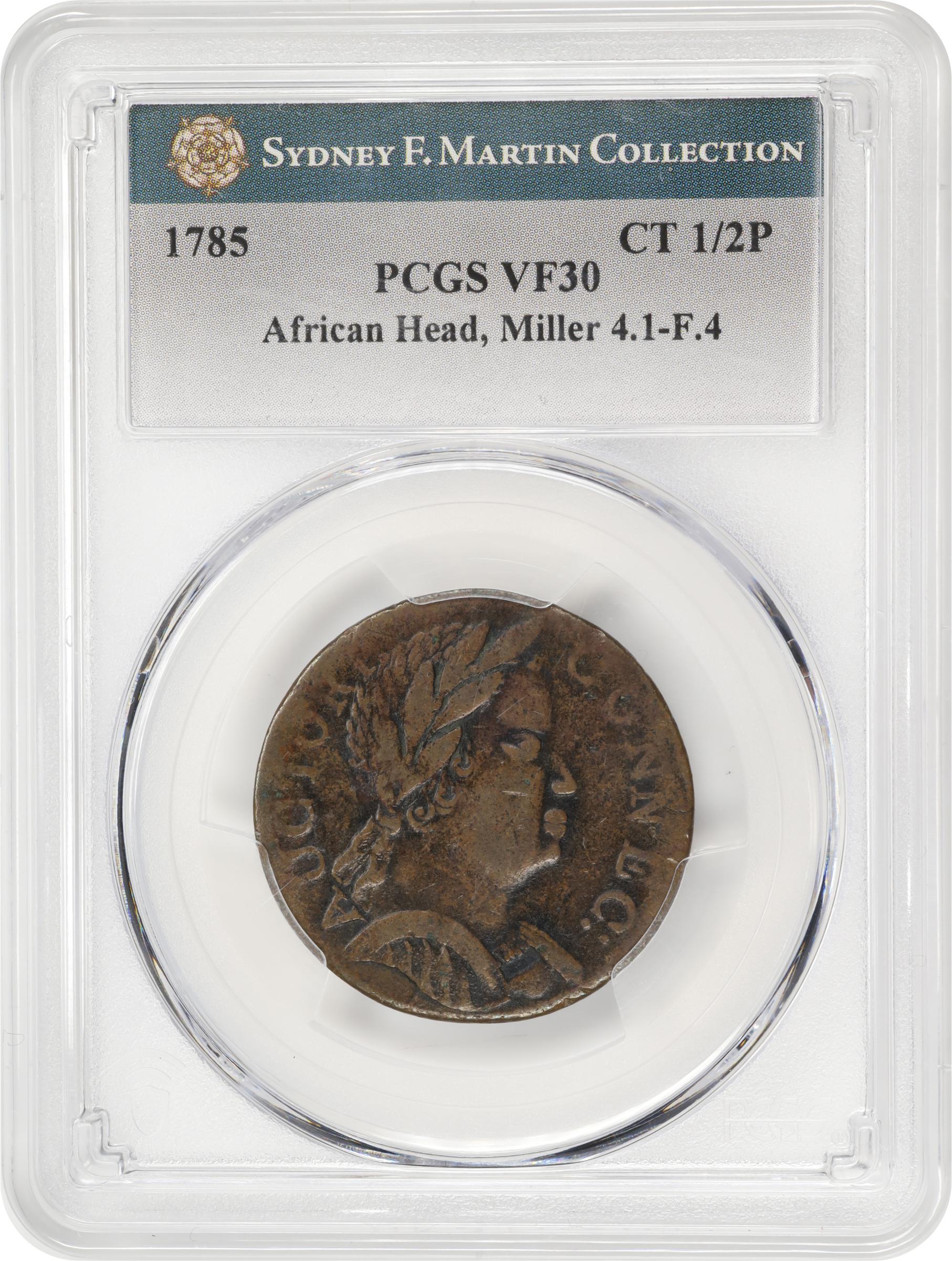 image for: 1785 Connecticut Copper. Miller-4.1-F.4, W-2355. Rarity-1. Bust Right, African Head. VF-30 (PCGS).