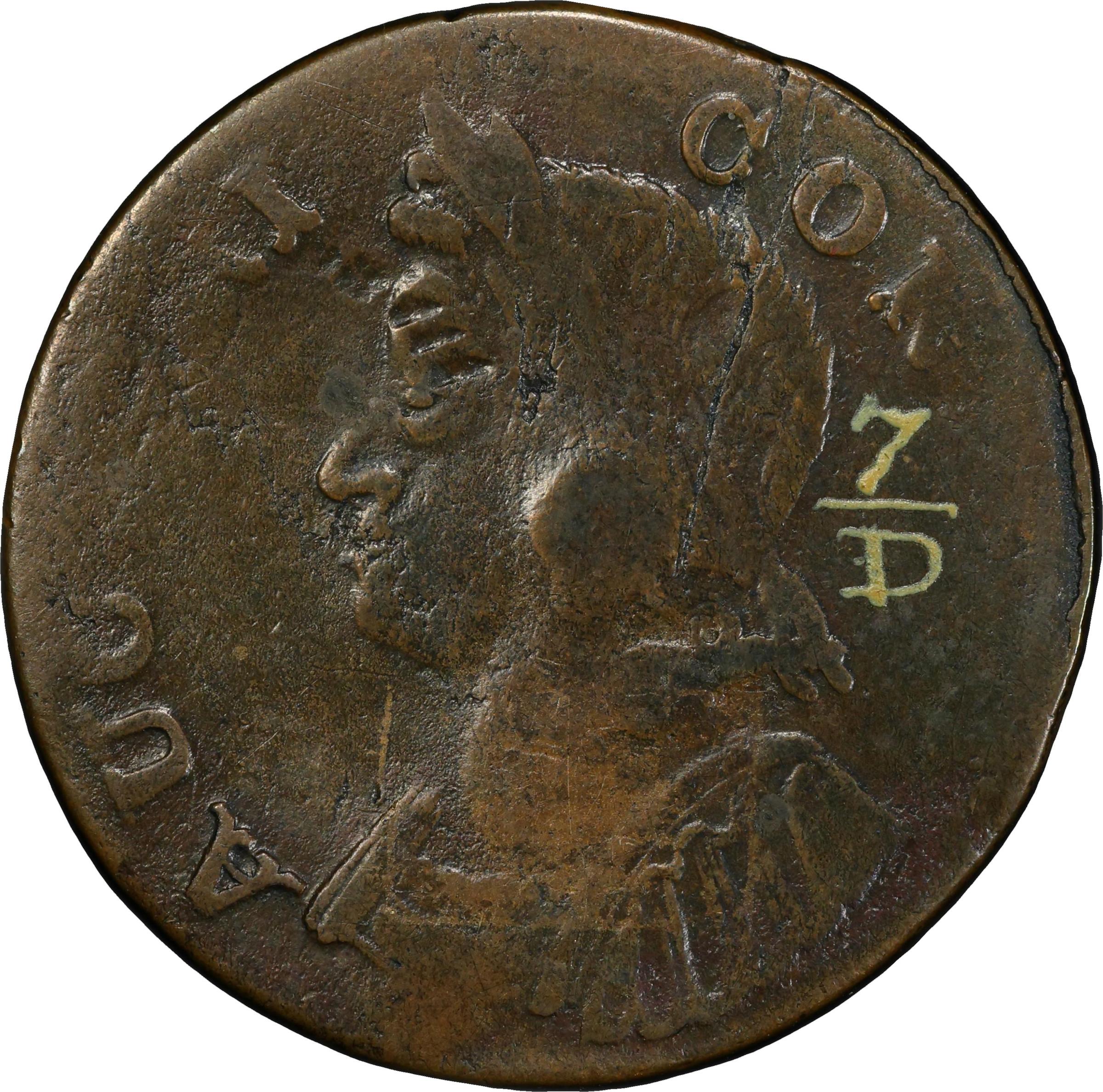 image for: 1785 Connecticut Copper. Miller 7.2-D, W-2445. Rarity-5+. Bust Left. Fine Details--Damage (PCGS). Inked Attribution and Paper Label.