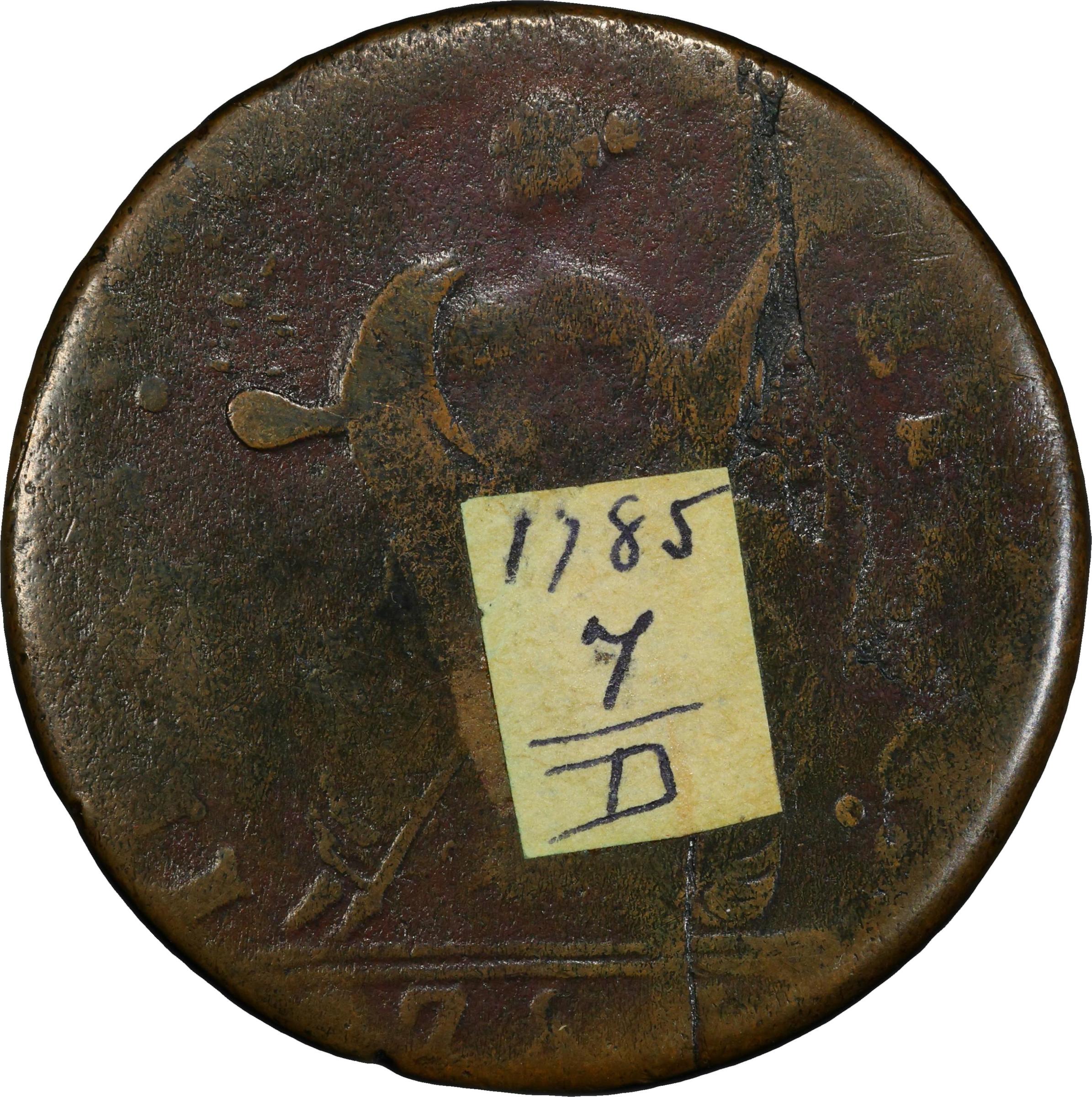 image for: 1785 Connecticut Copper. Miller 7.2-D, W-2445. Rarity-5+. Bust Left. Fine Details--Damage (PCGS). Inked Attribution and Paper Label.