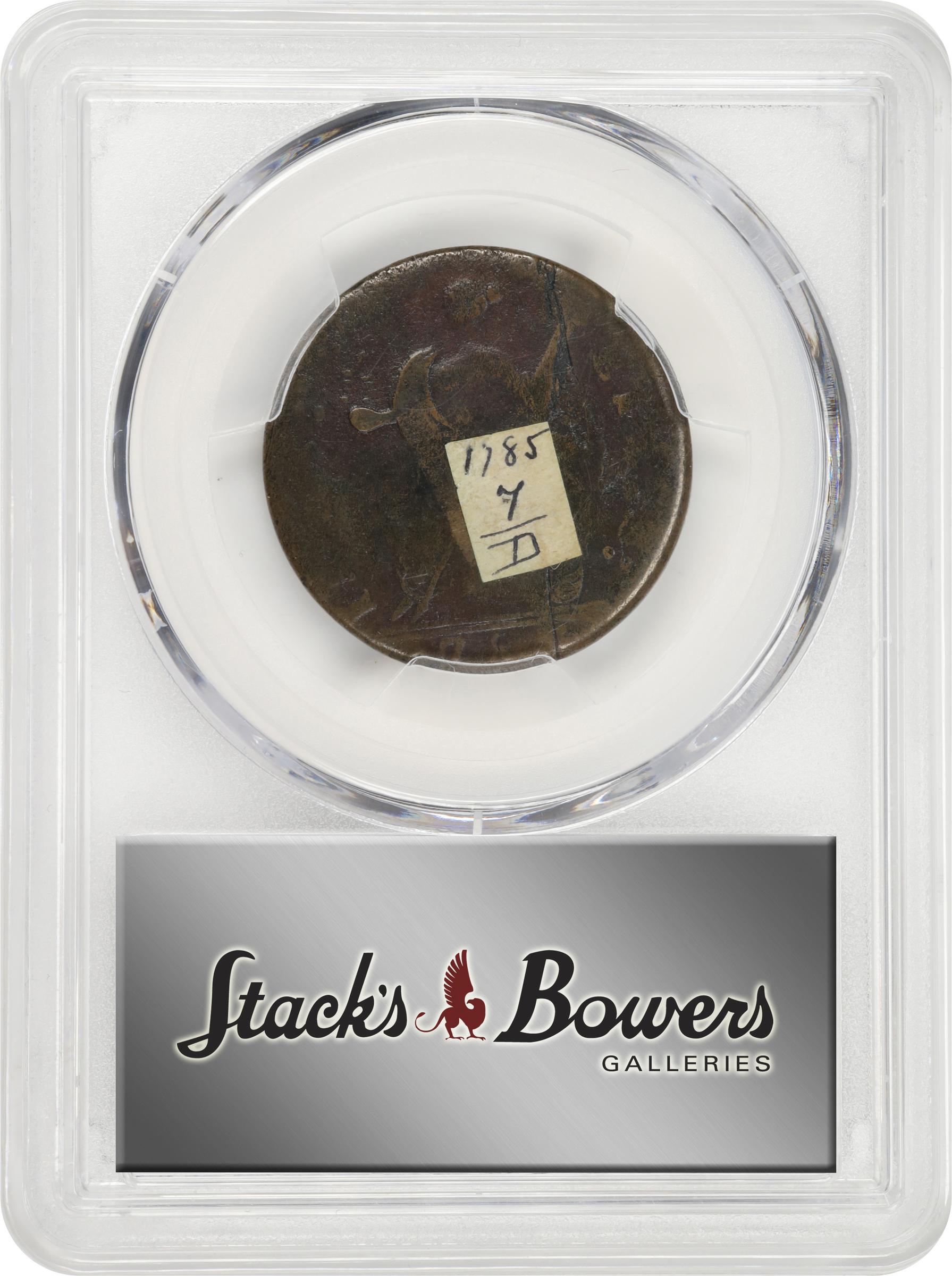 image for: 1785 Connecticut Copper. Miller 7.2-D, W-2445. Rarity-5+. Bust Left. Fine Details--Damage (PCGS). Inked Attribution and Paper Label.