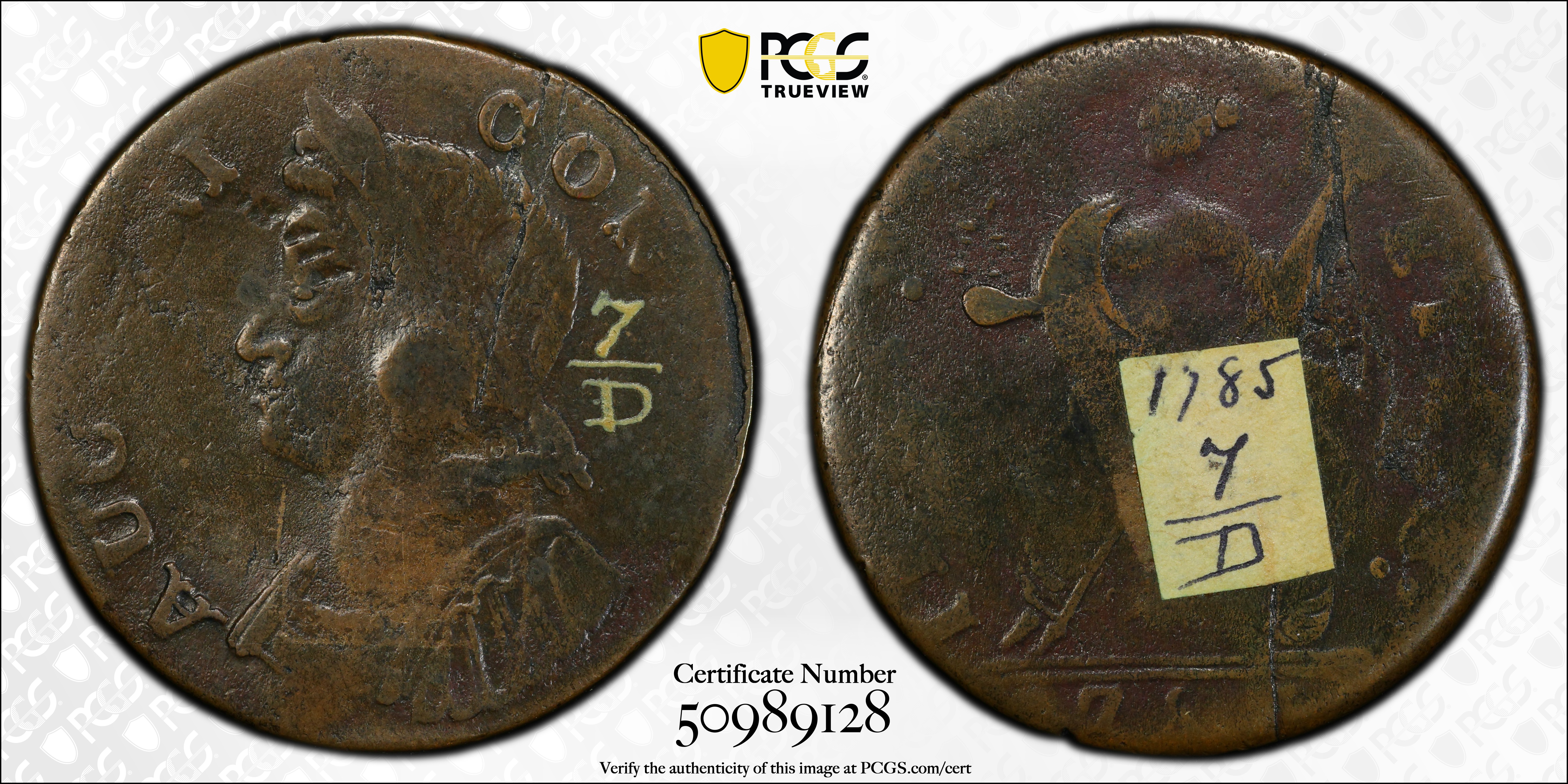 image for: 1785 Connecticut Copper. Miller 7.2-D, W-2445. Rarity-5+. Bust Left. Fine Details--Damage (PCGS). Inked Attribution and Paper Label.