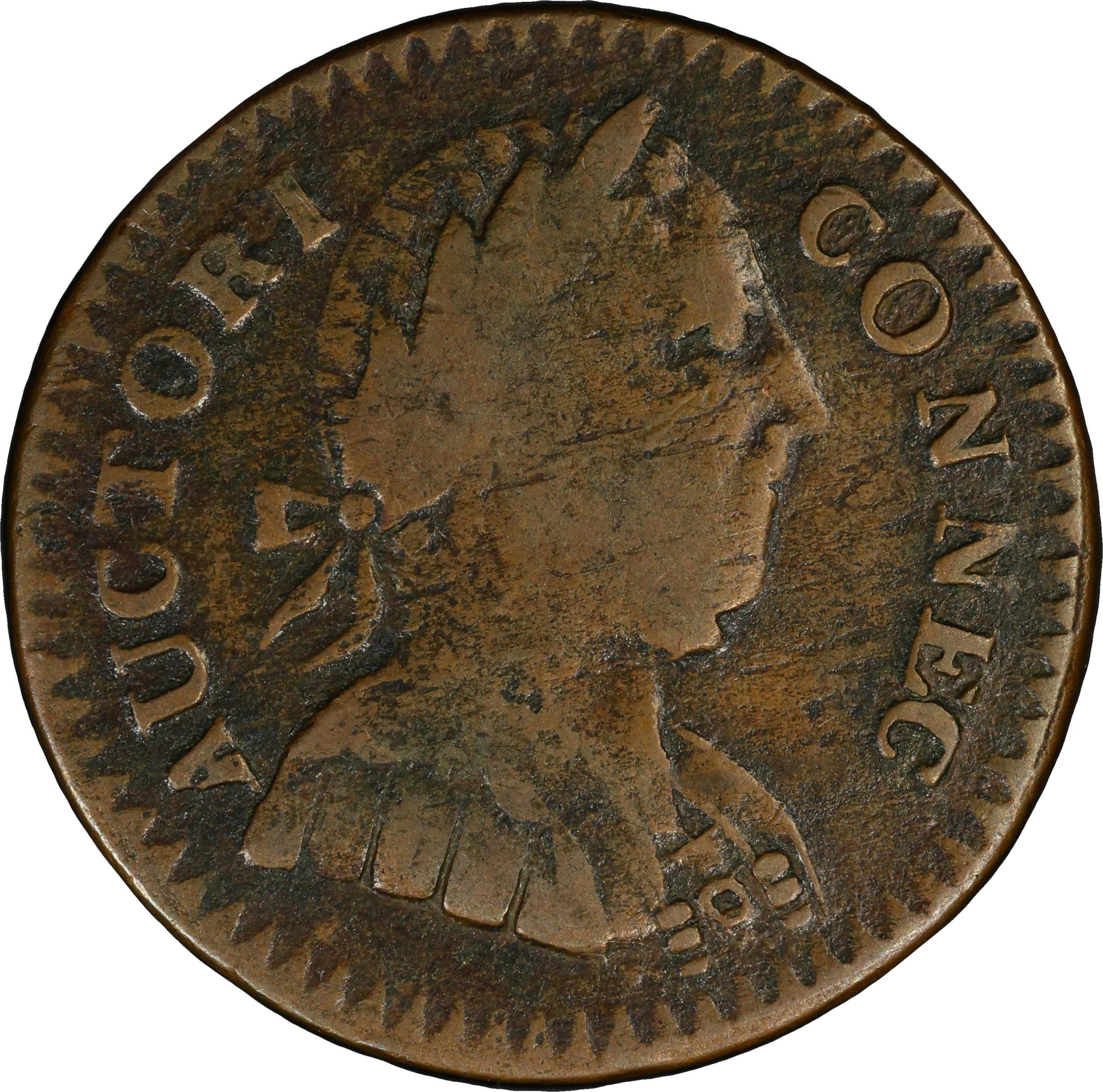 image for: 1786 Connecticut Copper. Miller 1-A, W-2460. Rarity-4. Mailed Bust Right, Double Chin, ETLIB INDE. VF-20 (PCGS).