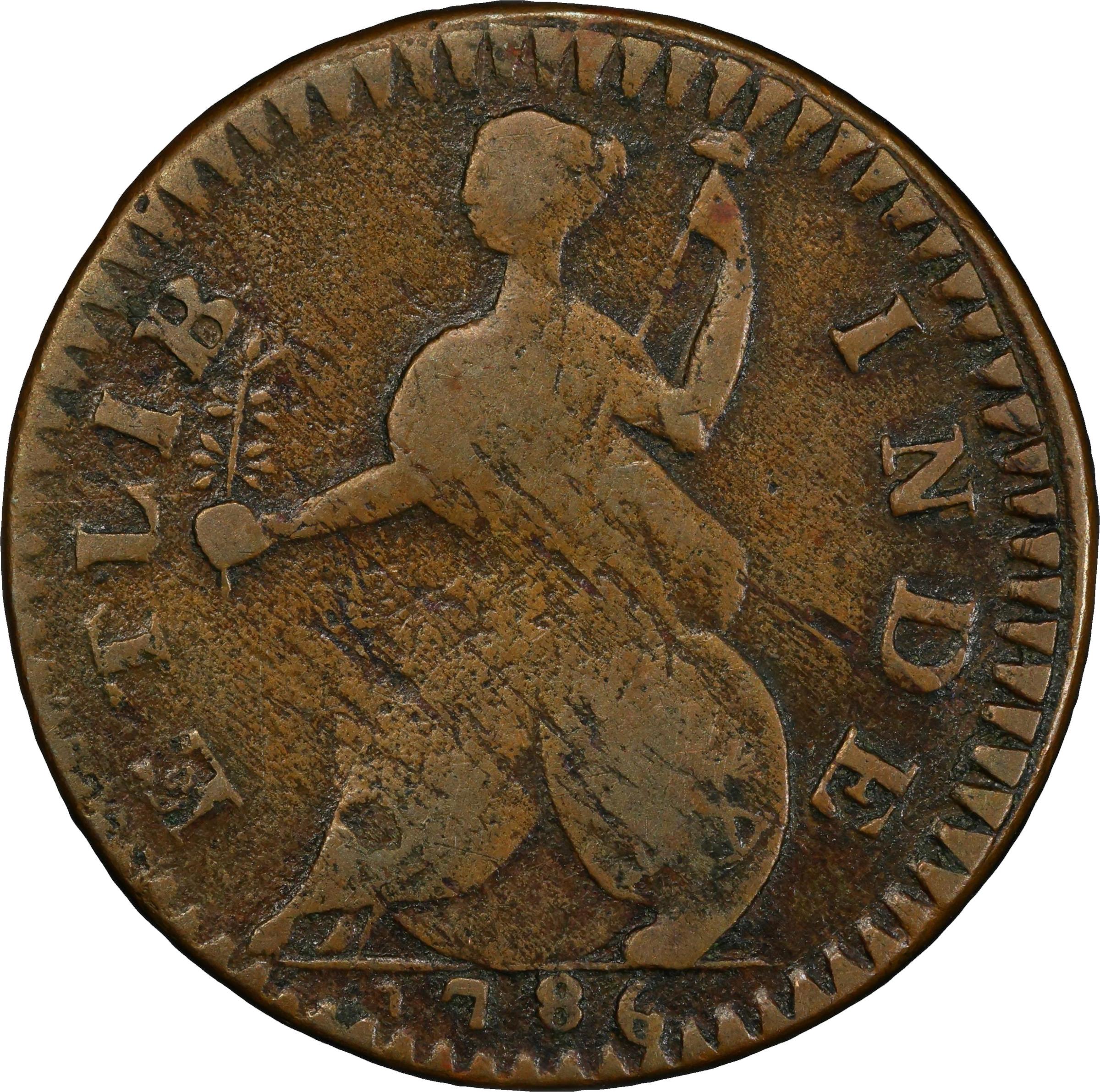 image for: 1786 Connecticut Copper. Miller 1-A, W-2460. Rarity-4. Mailed Bust Right, Double Chin, ETLIB INDE. VF-20 (PCGS).