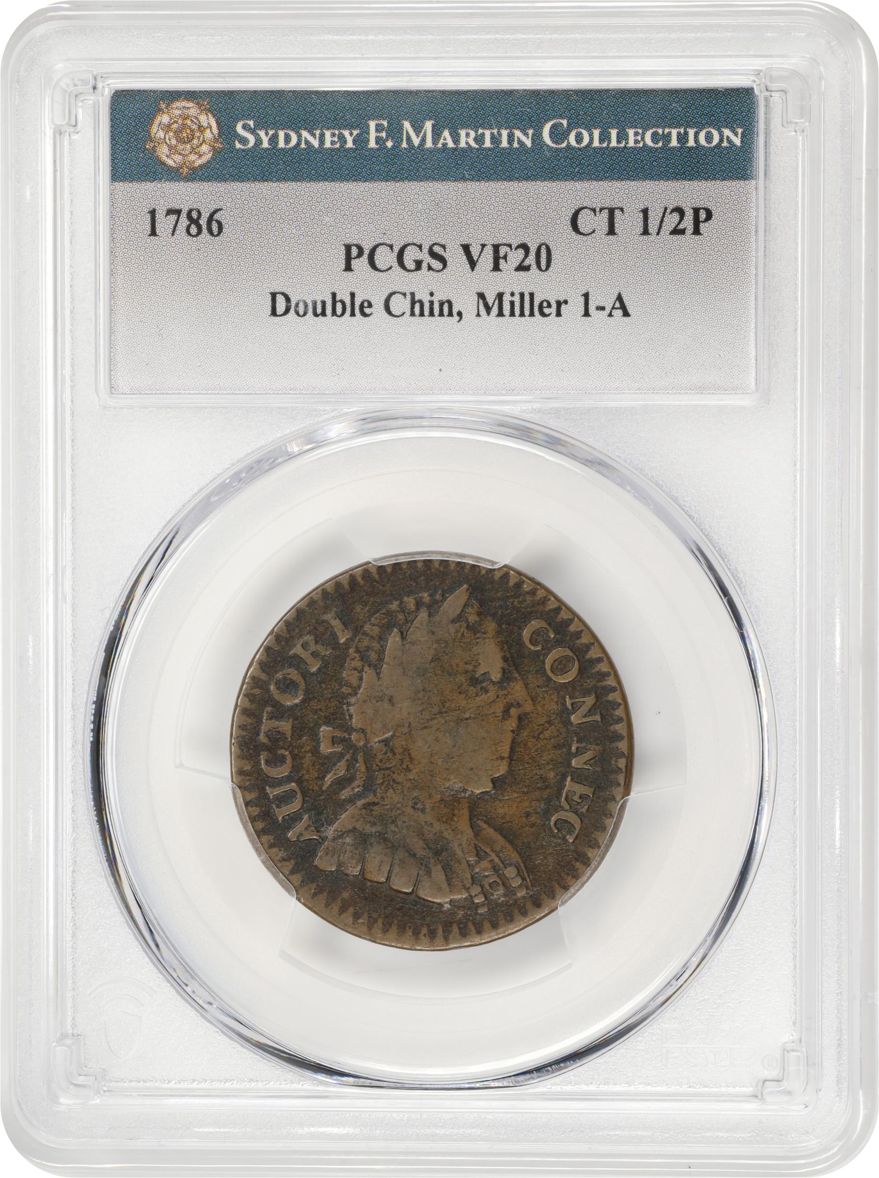 image for: 1786 Connecticut Copper. Miller 1-A, W-2460. Rarity-4. Mailed Bust Right, Double Chin, ETLIB INDE. VF-20 (PCGS).