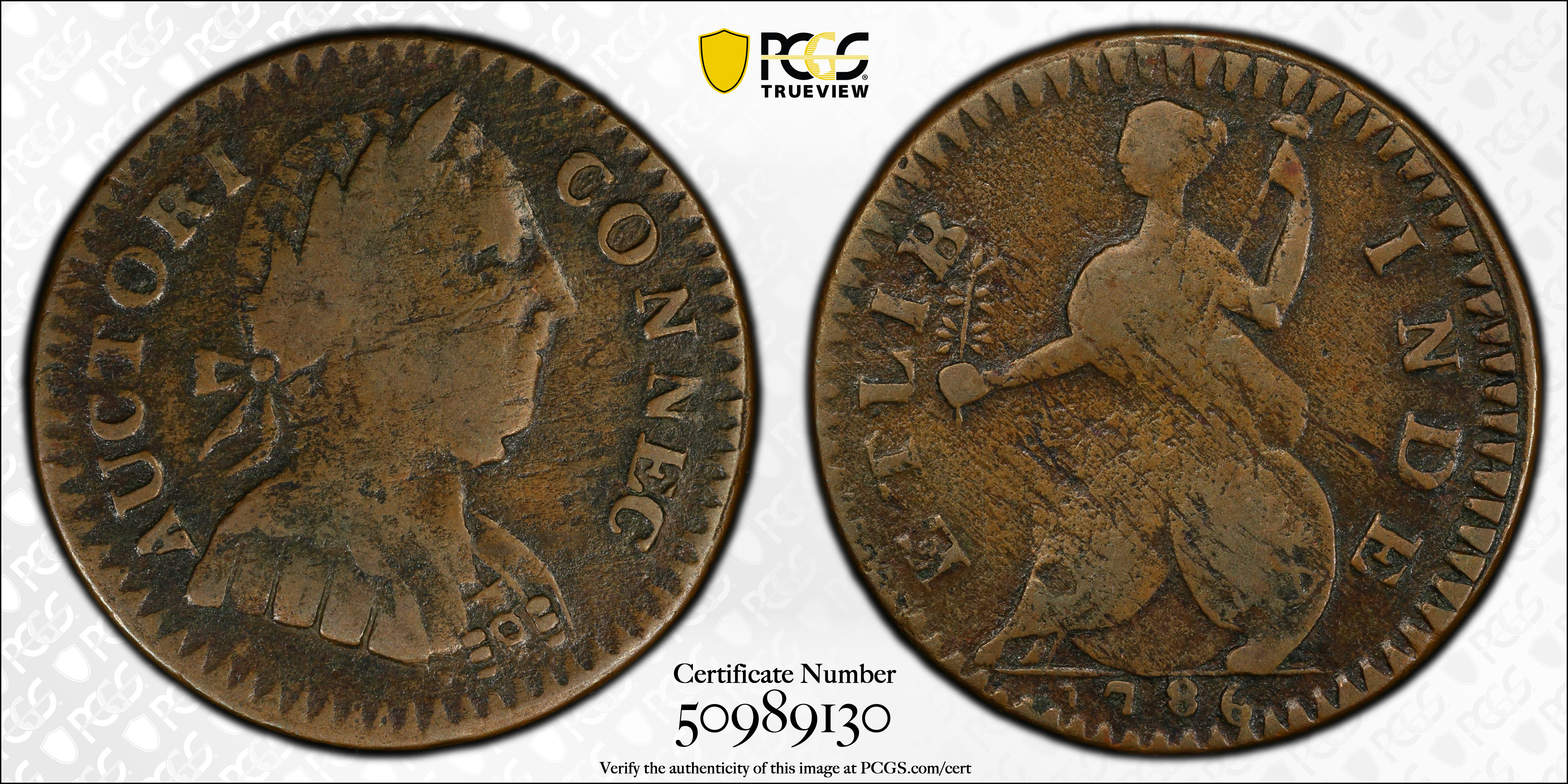 image for: 1786 Connecticut Copper. Miller 1-A, W-2460. Rarity-4. Mailed Bust Right, Double Chin, ETLIB INDE. VF-20 (PCGS).