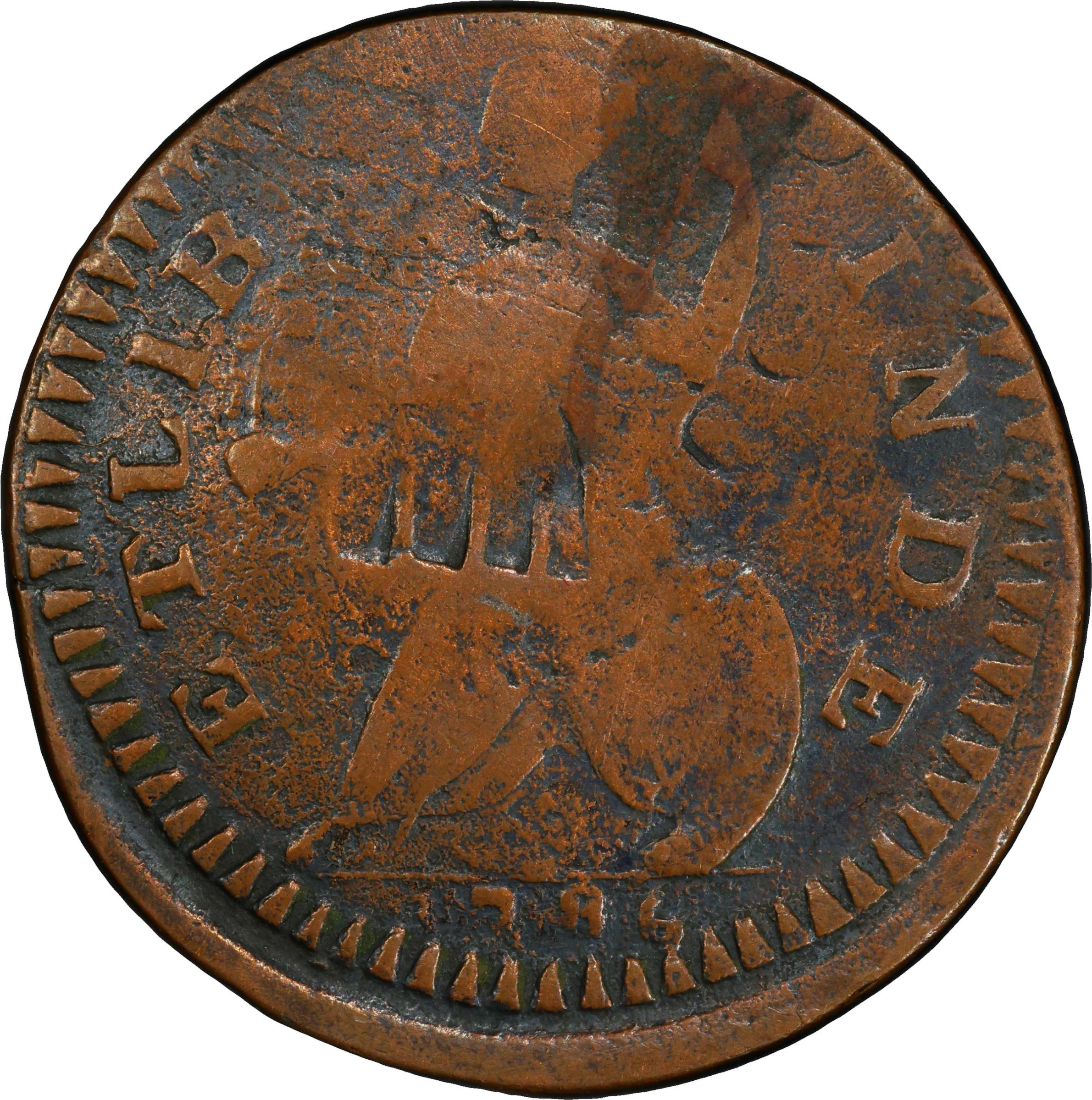 image for: 1786 Connecticut Copper. Miller 1-A, W-2460. Rarity-4. Mailed Bust Right, Double Chin, ETLIB INDE. Partial Brockage. VG Details--Cleaned (PCGS).
