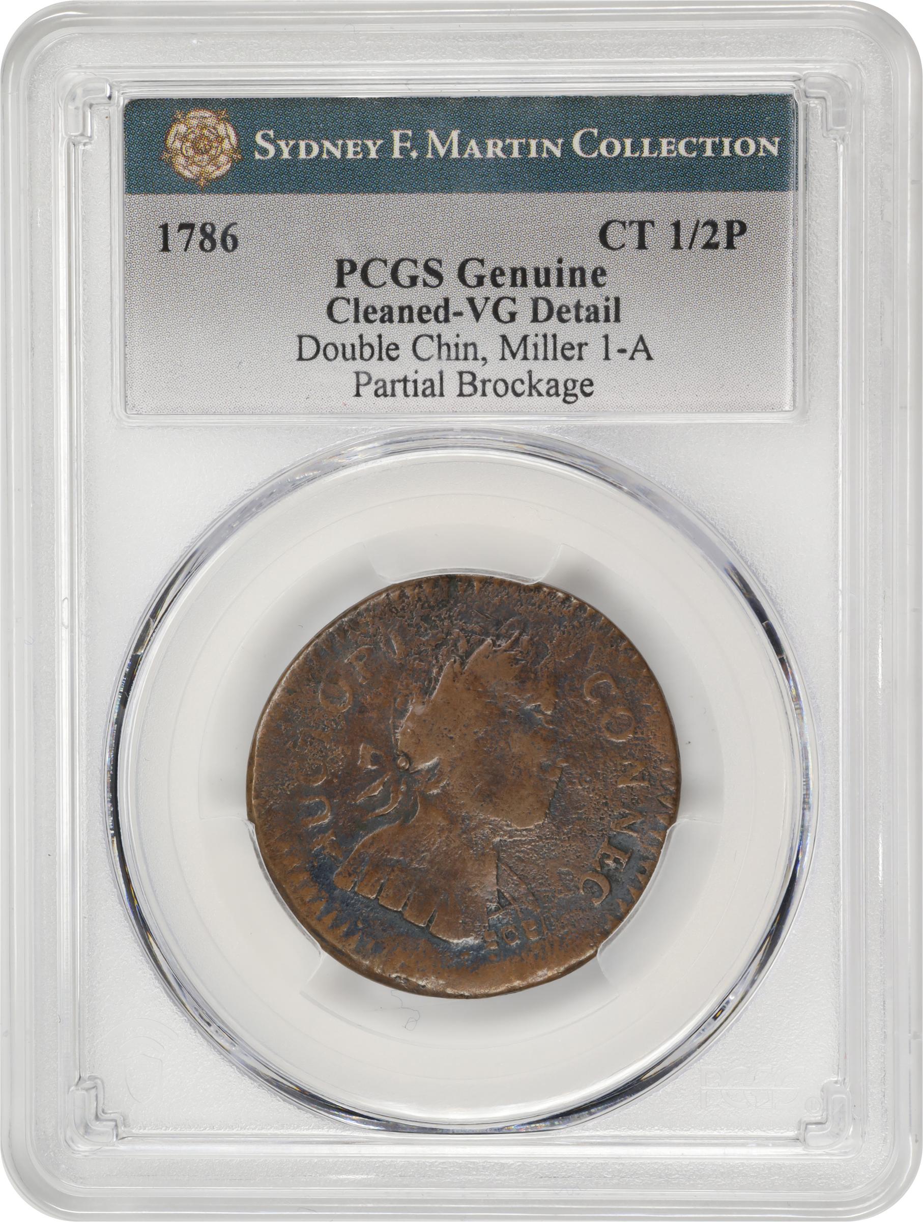 image for: 1786 Connecticut Copper. Miller 1-A, W-2460. Rarity-4. Mailed Bust Right, Double Chin, ETLIB INDE. Partial Brockage. VG Details--Cleaned (PCGS).