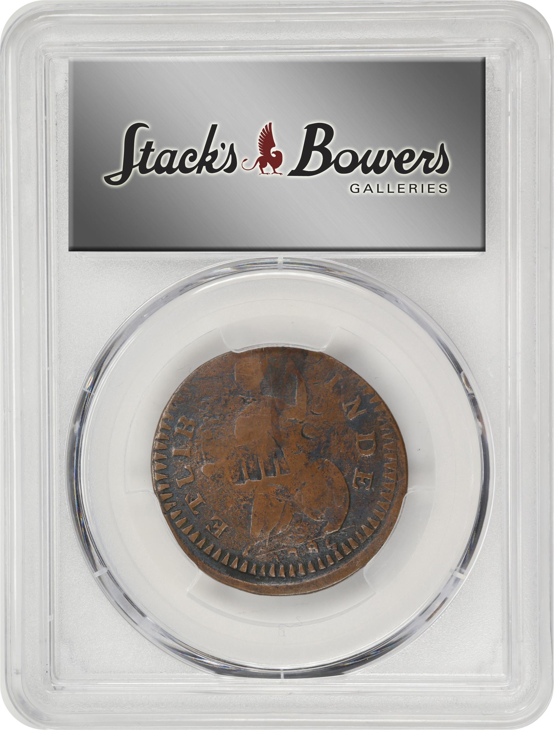 image for: 1786 Connecticut Copper. Miller 1-A, W-2460. Rarity-4. Mailed Bust Right, Double Chin, ETLIB INDE. Partial Brockage. VG Details--Cleaned (PCGS).