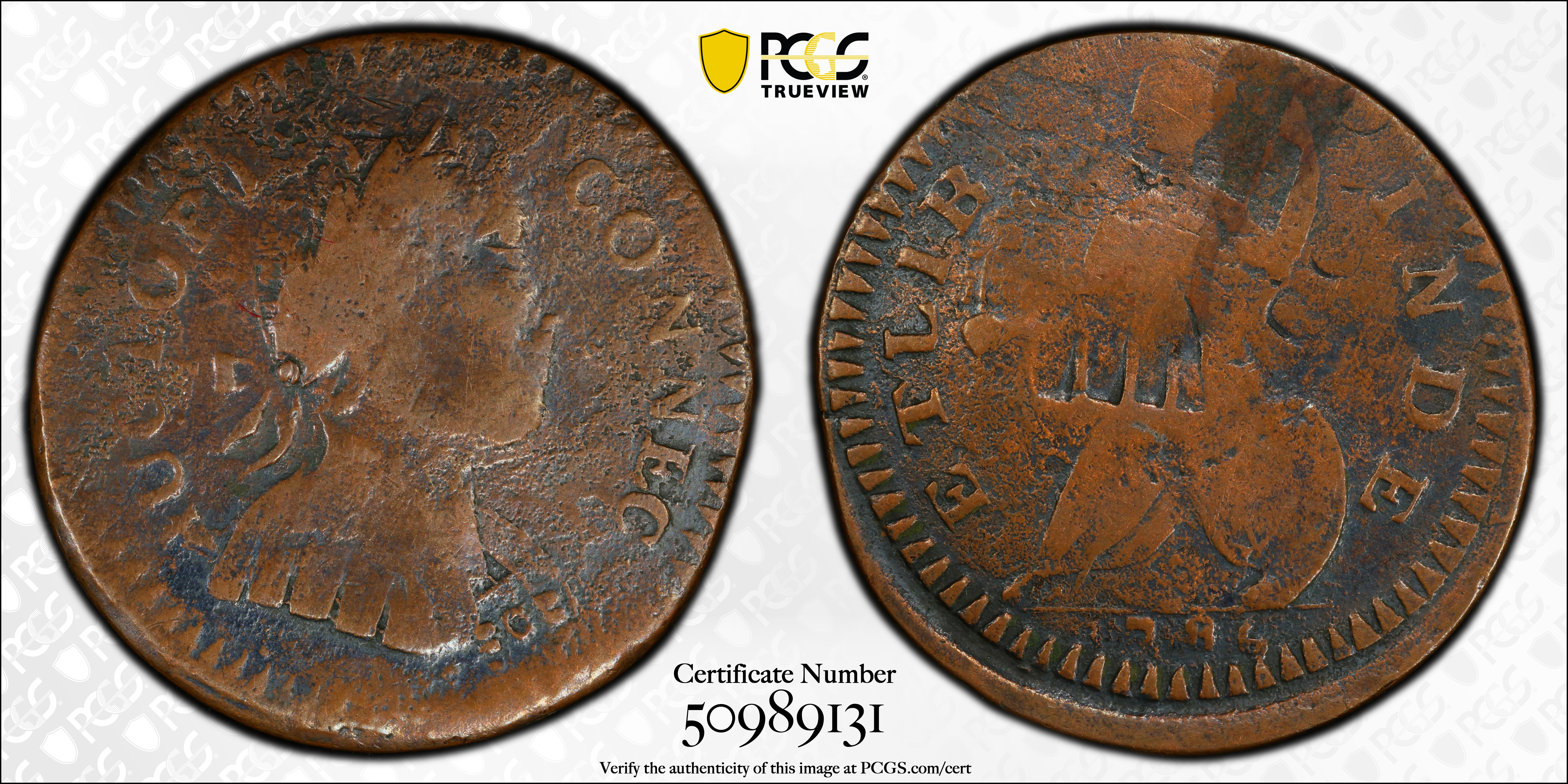 image for: 1786 Connecticut Copper. Miller 1-A, W-2460. Rarity-4. Mailed Bust Right, Double Chin, ETLIB INDE. Partial Brockage. VG Details--Cleaned (PCGS).