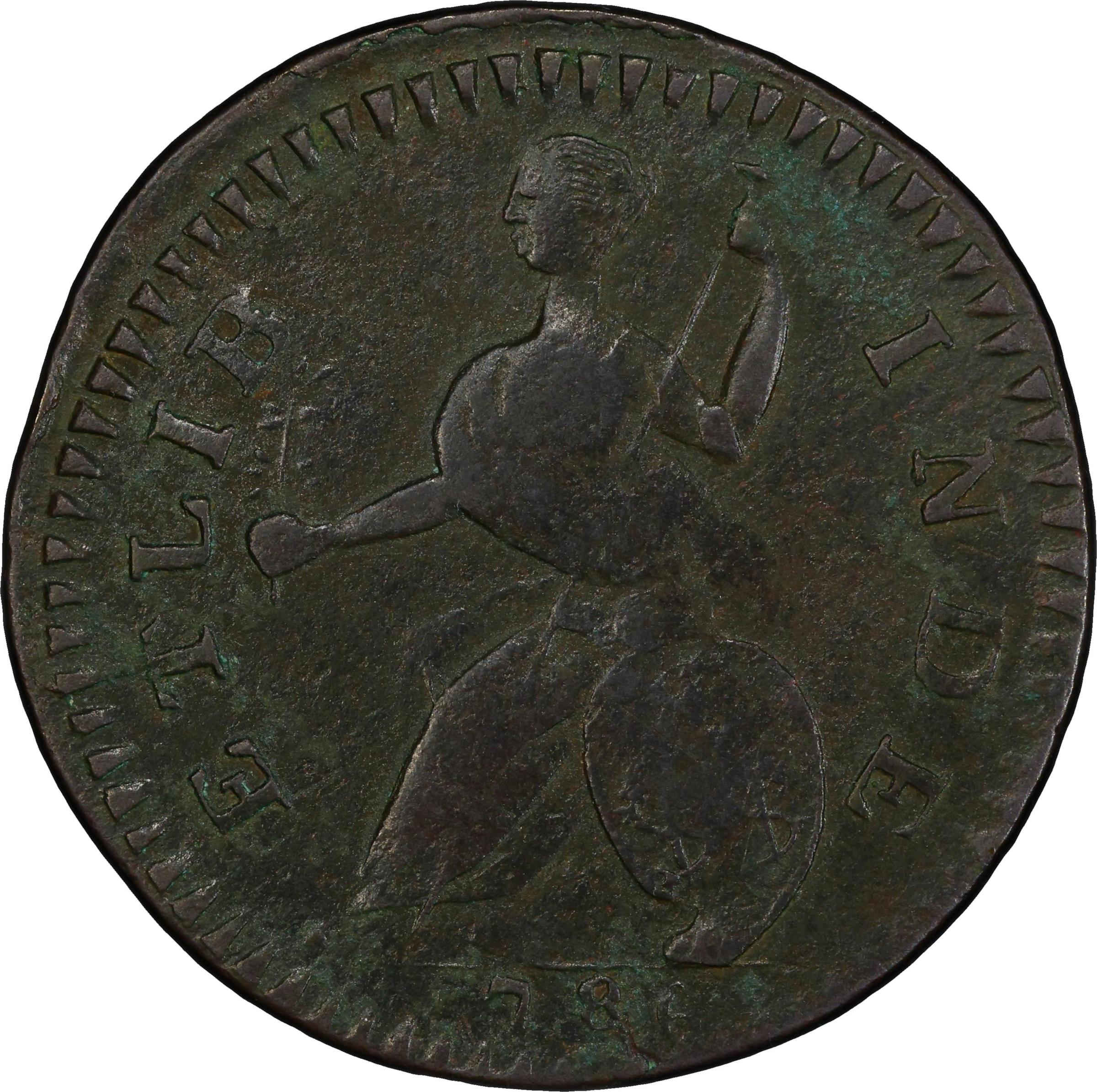image for: 1786 Connecticut Copper. Miller 2.1-A, W-2465. Rarity-3. Mailed Bust Right, Round Head, ETLIB INDE. EF Details--Environmental Damage (PCGS).