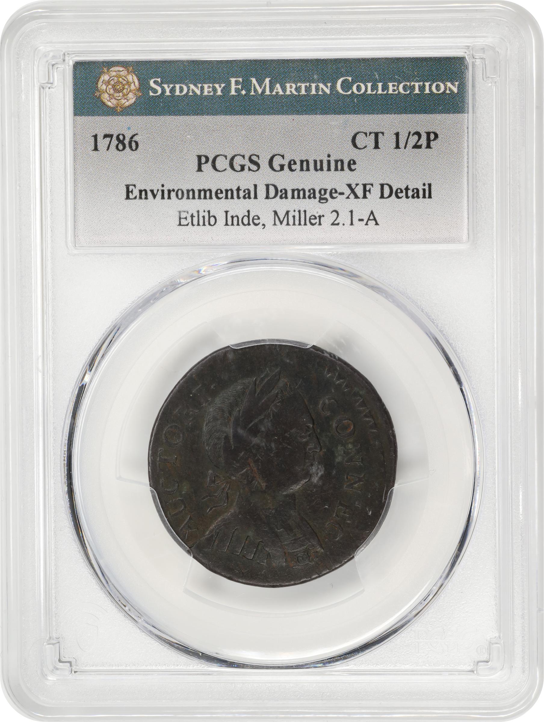 image for: 1786 Connecticut Copper. Miller 2.1-A, W-2465. Rarity-3. Mailed Bust Right, Round Head, ETLIB INDE. EF Details--Environmental Damage (PCGS).