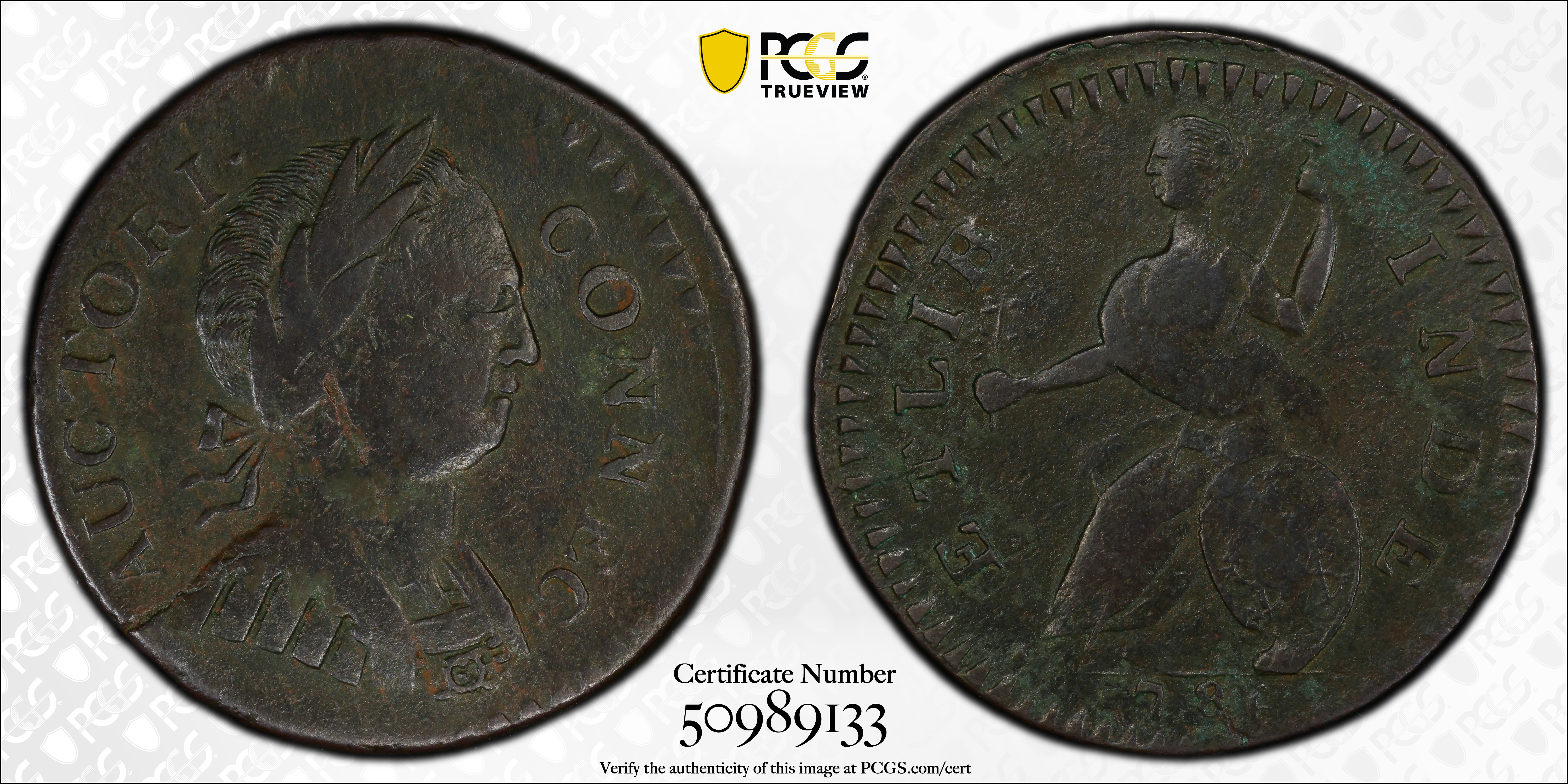 image for: 1786 Connecticut Copper. Miller 2.1-A, W-2465. Rarity-3. Mailed Bust Right, Round Head, ETLIB INDE. EF Details--Environmental Damage (PCGS).