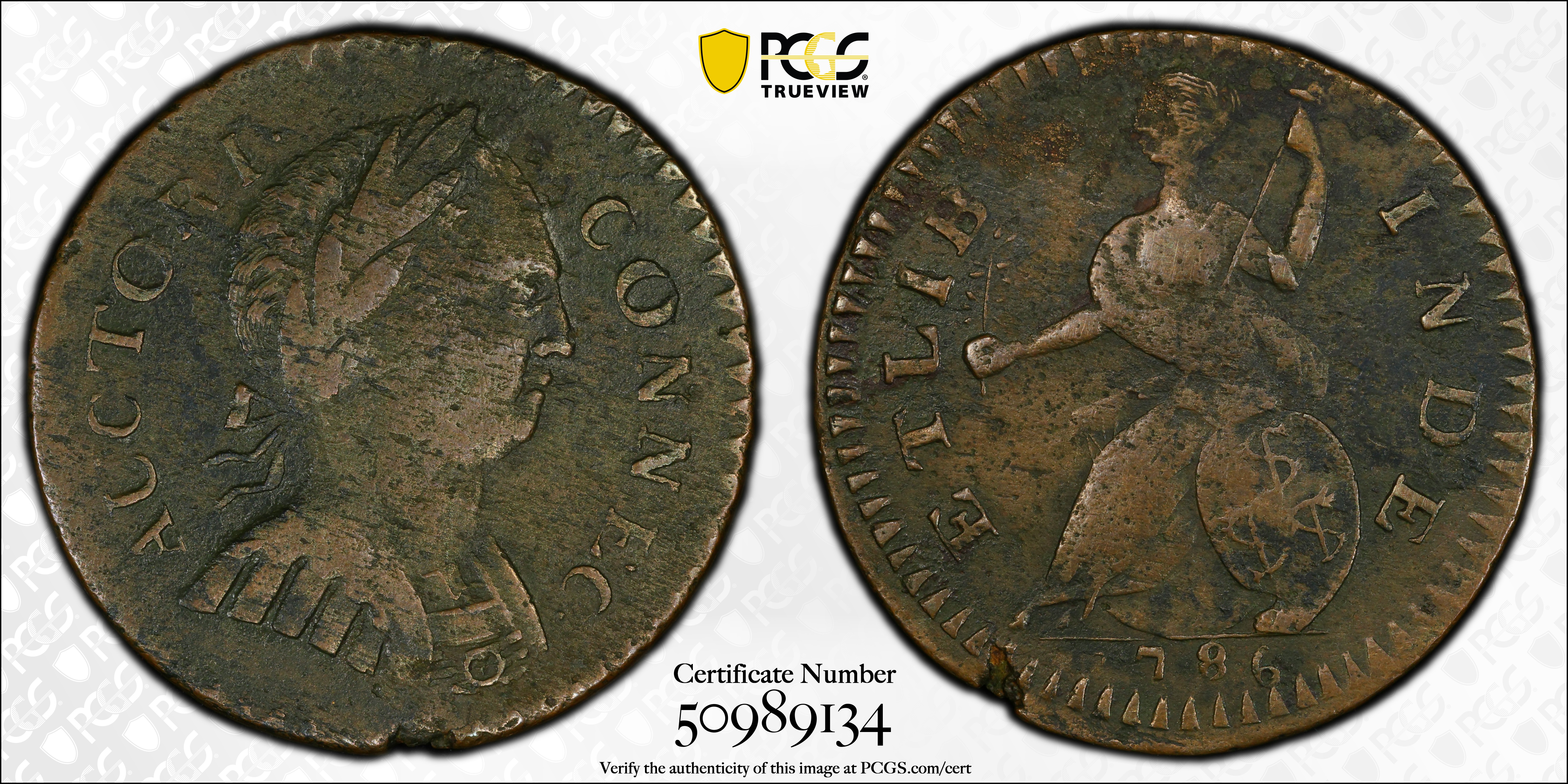 image for: 1786 Connecticut Copper. Miller 2.1-A, W-2465. Rarity-3. Mailed Bust Right, Round Head, ETLIB INDE. EF Details--Environmental Damage (PCGS).