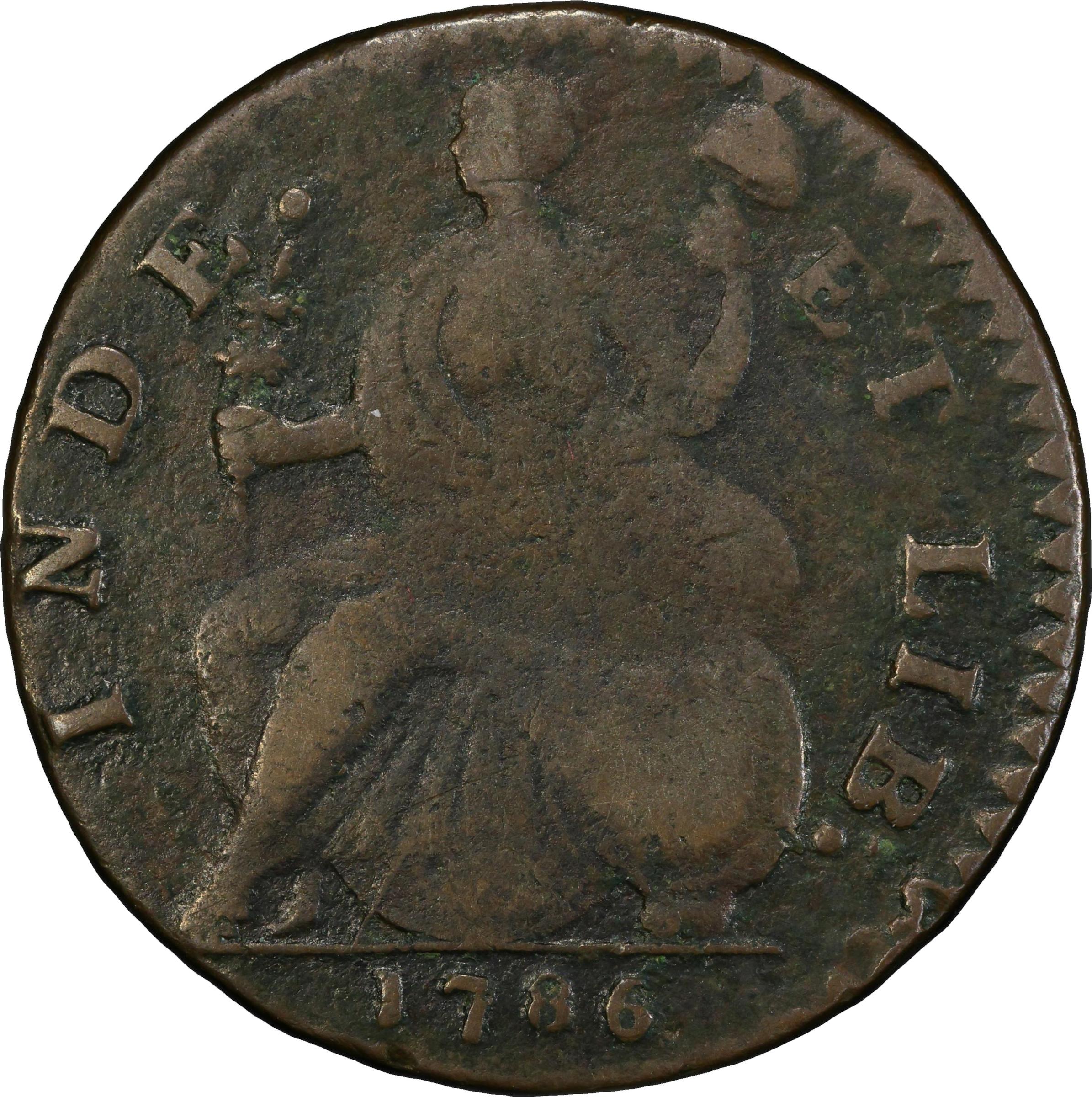 image for: 1786 Connecticut Copper. Miller 3-D.1, W-2510. Rarity-5-. Mailed Bust Right, Scholar's Head. Fine-15 (PCGS).
