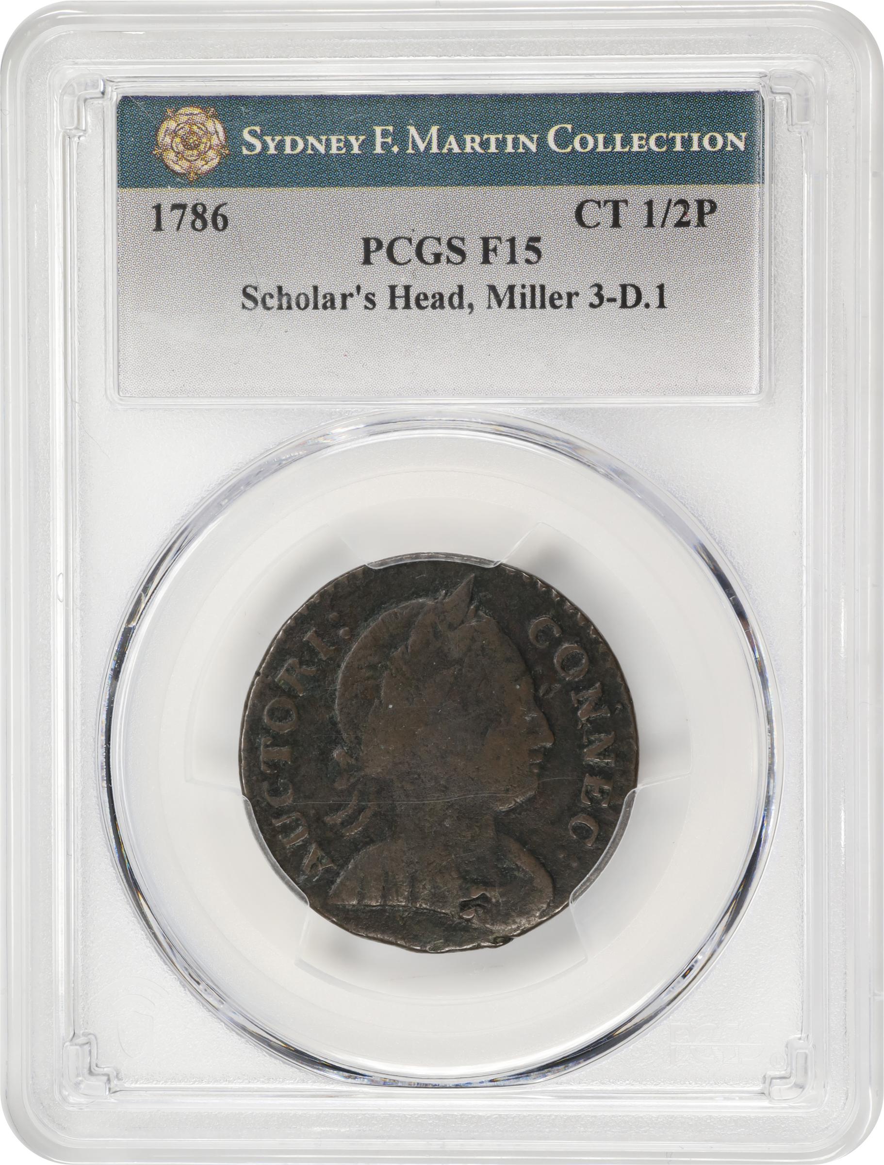 image for: 1786 Connecticut Copper. Miller 3-D.1, W-2510. Rarity-5-. Mailed Bust Right, Scholar's Head. Fine-15 (PCGS).