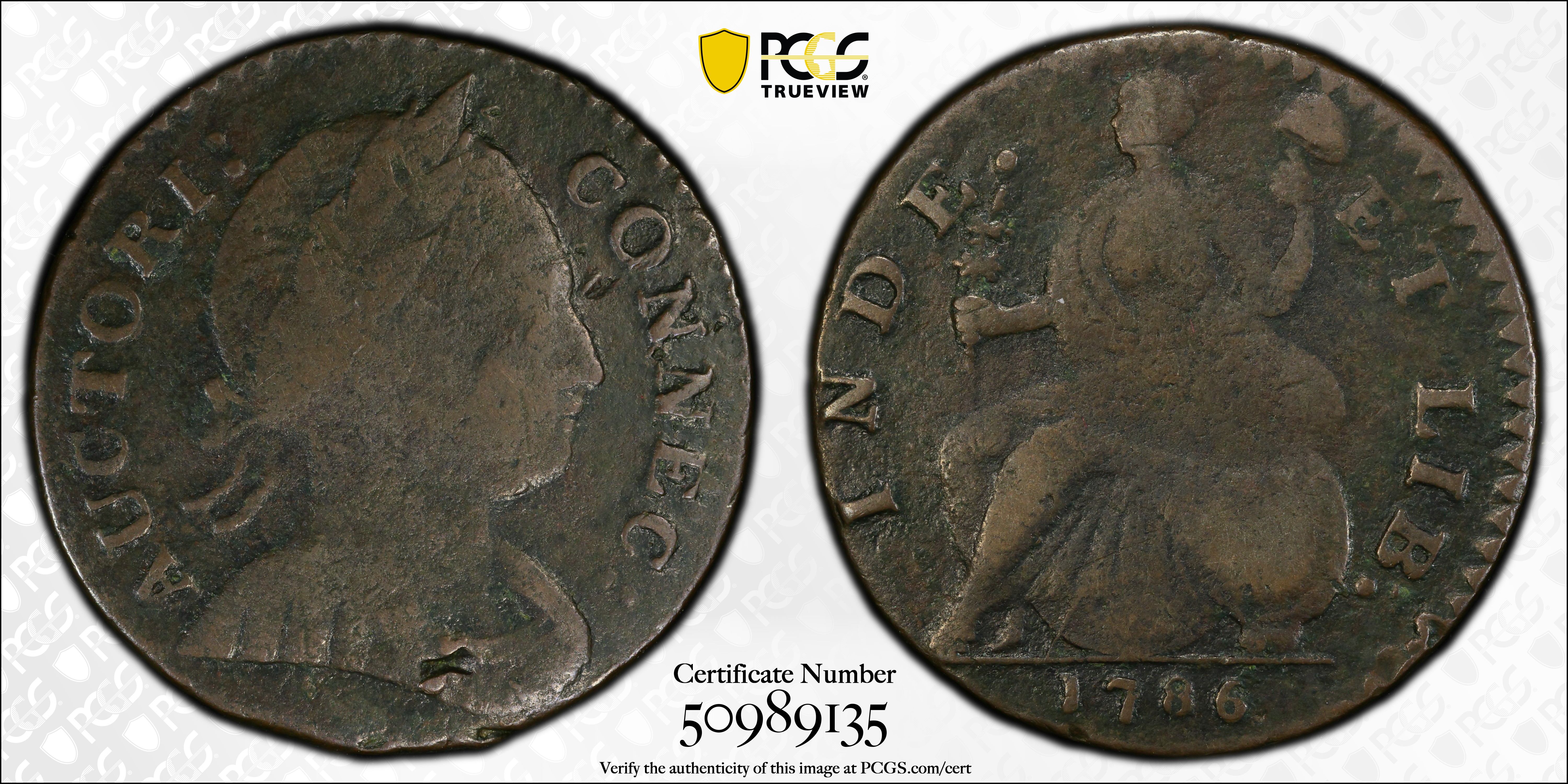 image for: 1786 Connecticut Copper. Miller 3-D.1, W-2510. Rarity-5-. Mailed Bust Right, Scholar's Head. Fine-15 (PCGS).