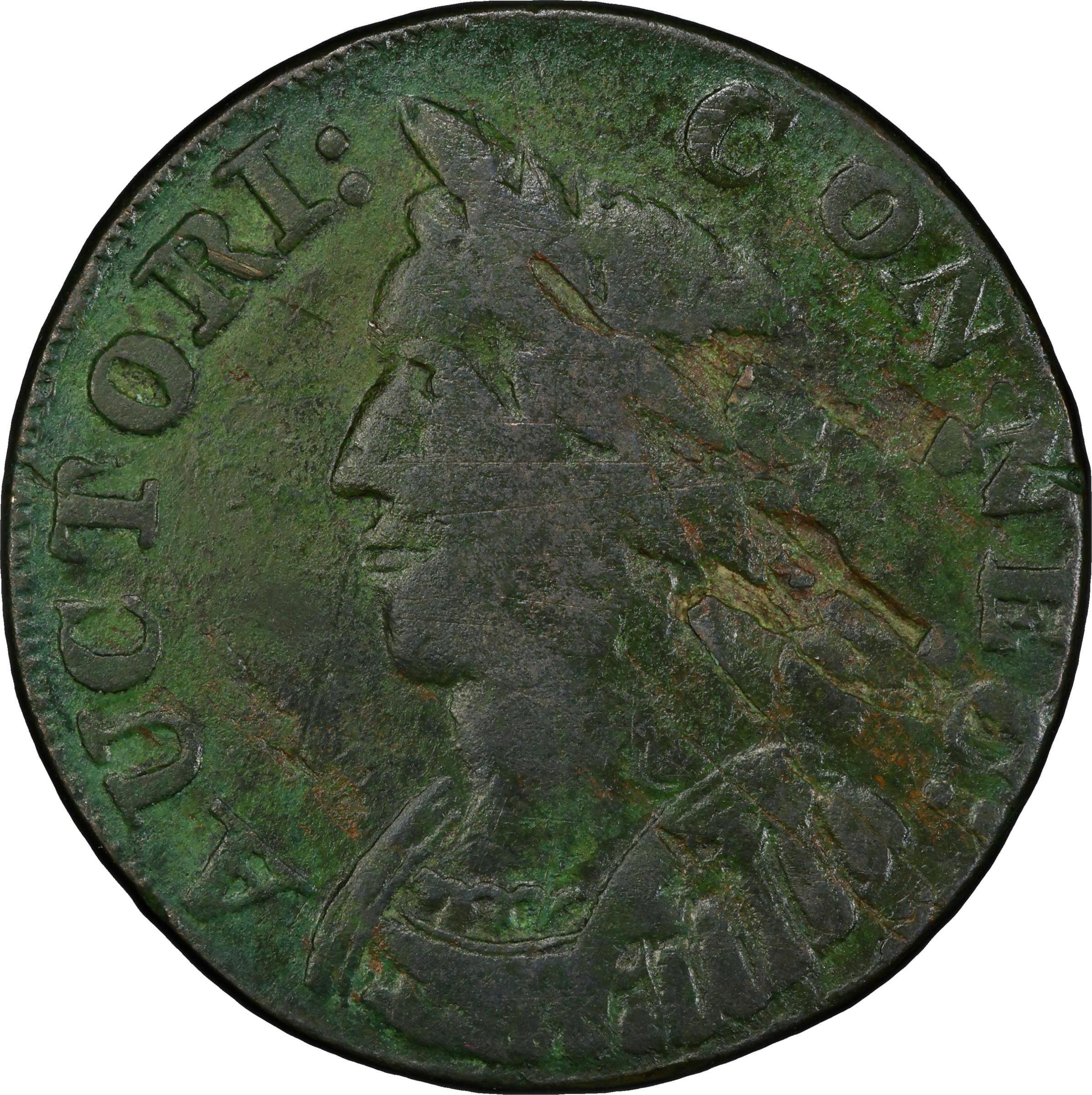 image for: 1786 Connecticut Copper. Miller 5.3-N, W-2575. Rarity-2. Mailed Bust Left, Hercules Head. Fine Details--Planchet Flaw (PCGS).