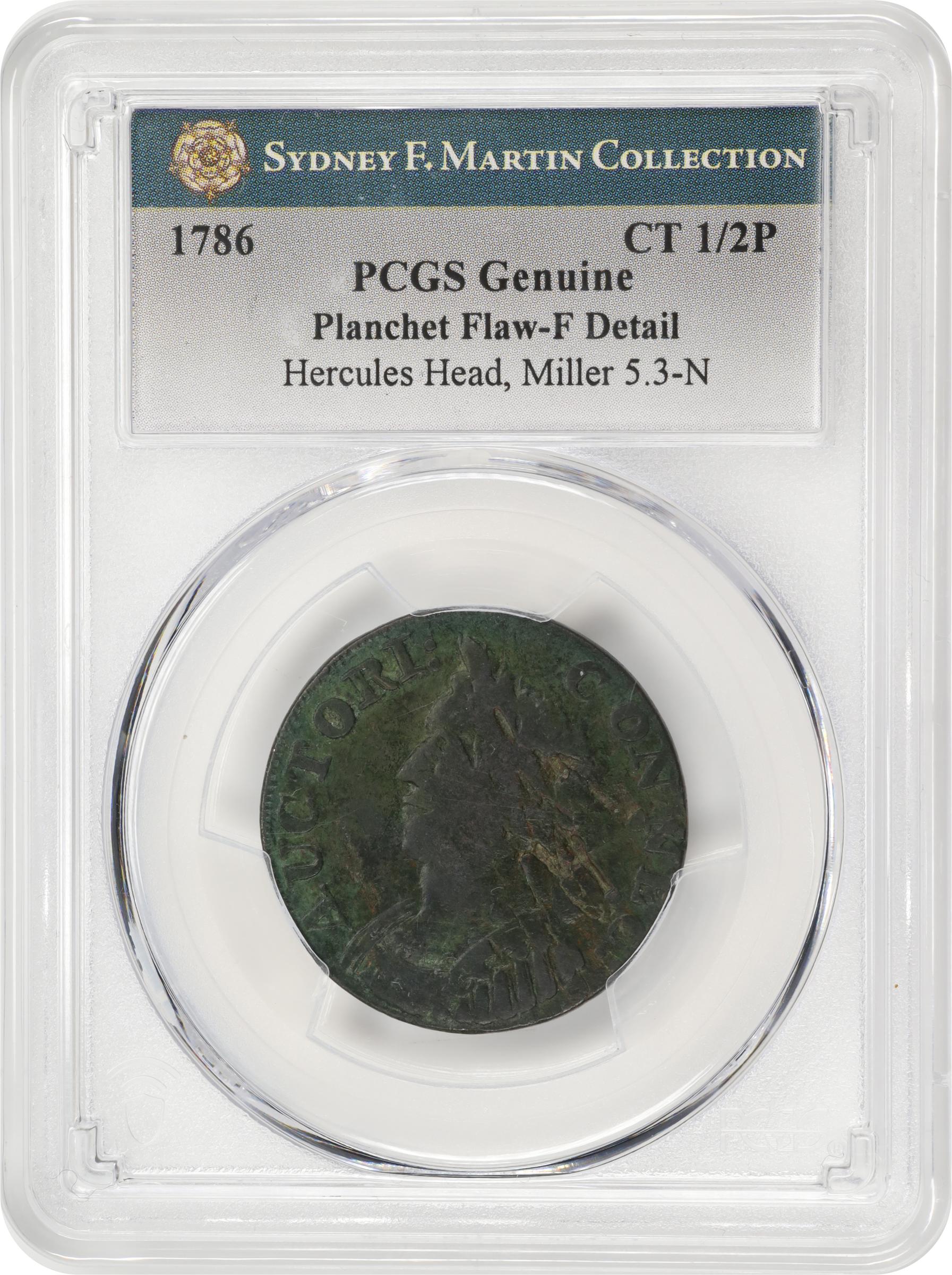 image for: 1786 Connecticut Copper. Miller 5.3-N, W-2575. Rarity-2. Mailed Bust Left, Hercules Head. Fine Details--Planchet Flaw (PCGS).