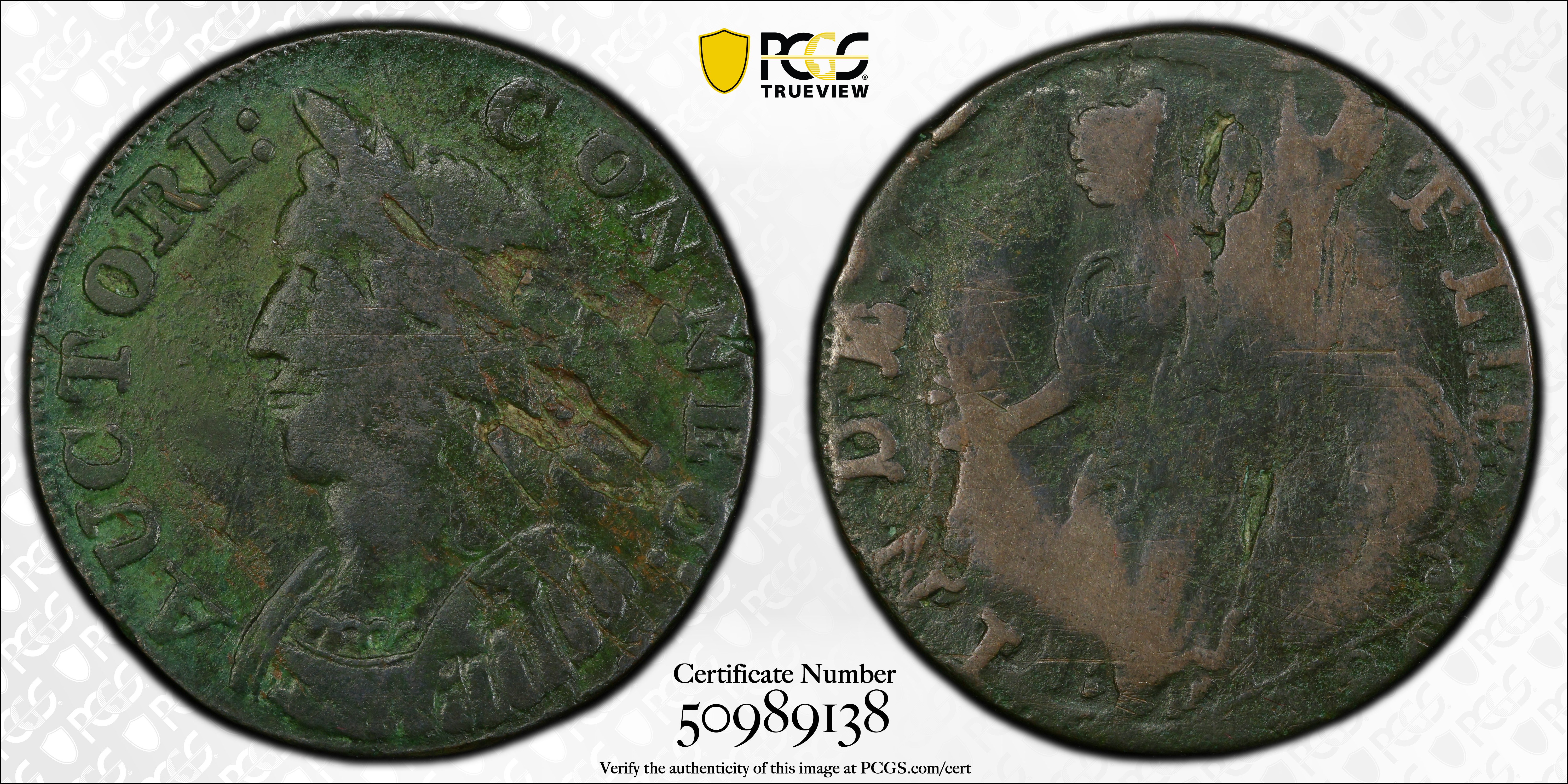 image for: 1786 Connecticut Copper. Miller 5.3-N, W-2575. Rarity-2. Mailed Bust Left, Hercules Head. Fine Details--Planchet Flaw (PCGS).