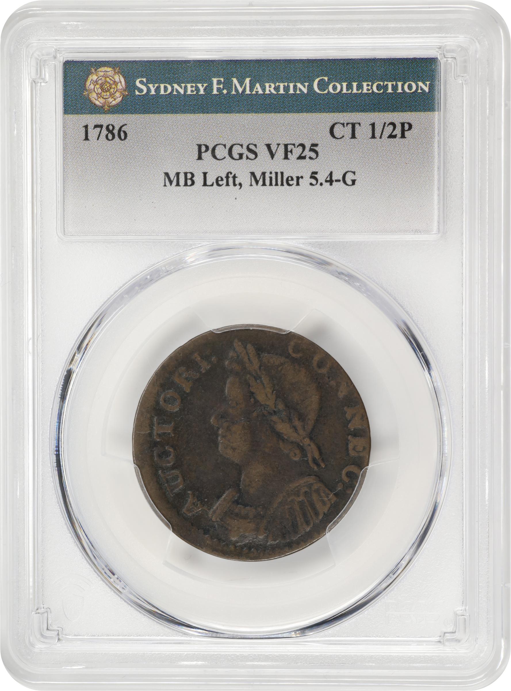 image for: 1786 Connecticut Copper. Miller 5.4-G, W-2580. Rarity-2. Mailed Bust Left. VF-25 (PCGS).