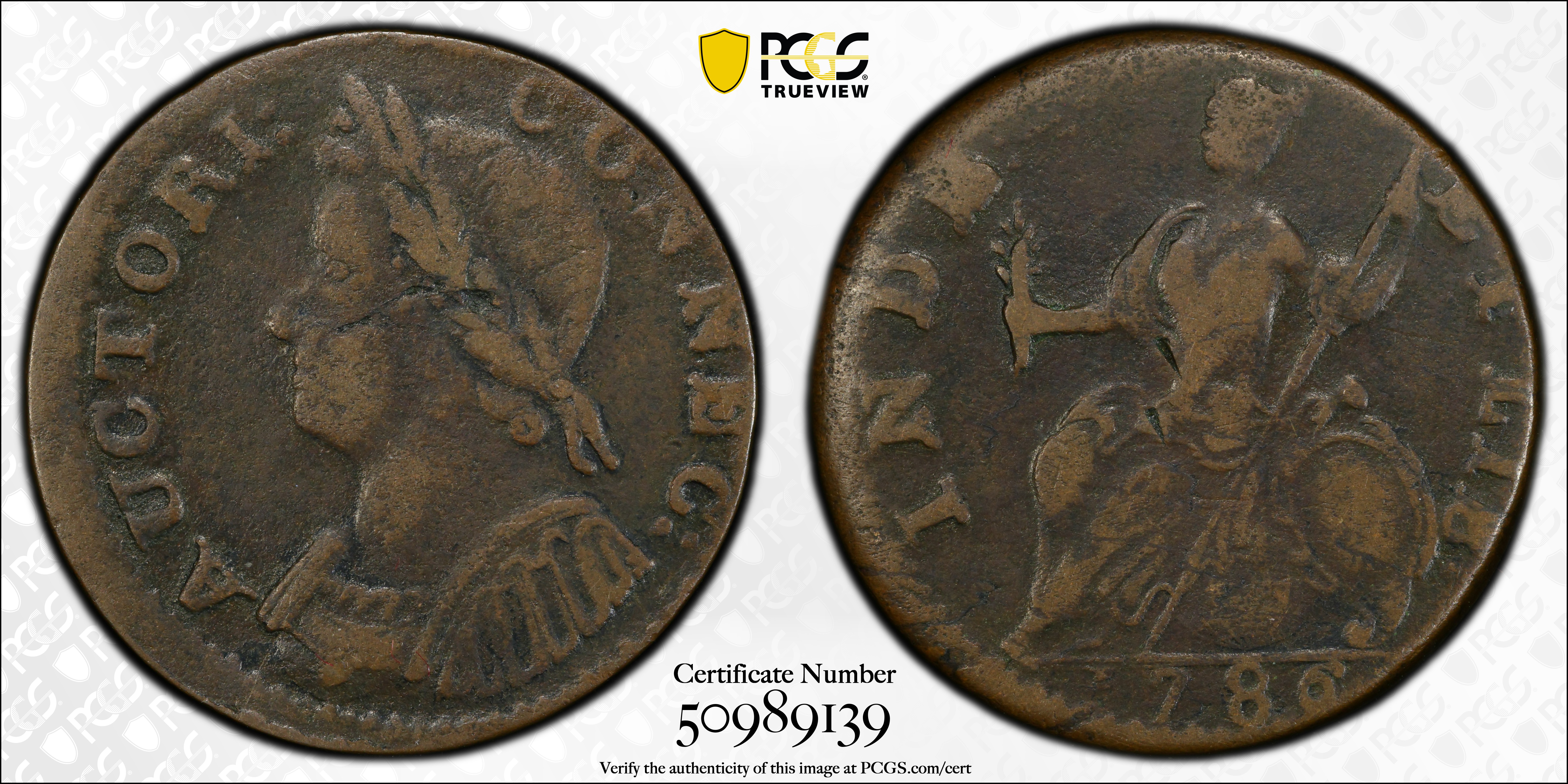 image for: 1786 Connecticut Copper. Miller 5.4-G, W-2580. Rarity-2. Mailed Bust Left. VF-25 (PCGS).