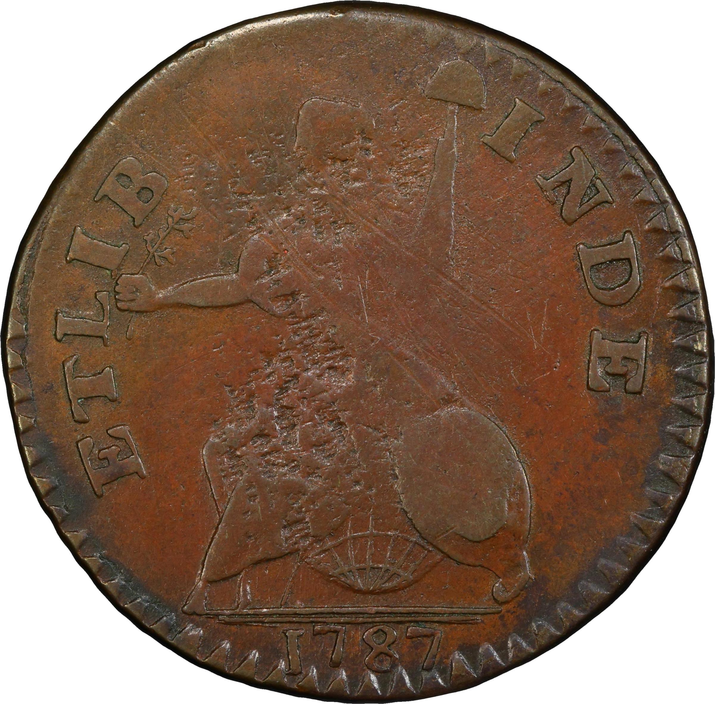 image for: 1787 Connecticut Copper. Miller 1.1-A, W-2700. Rarity-3. Mailed Bust Right, Small Head, ETLIB INDE. VF Details--Scratch (PCGS).