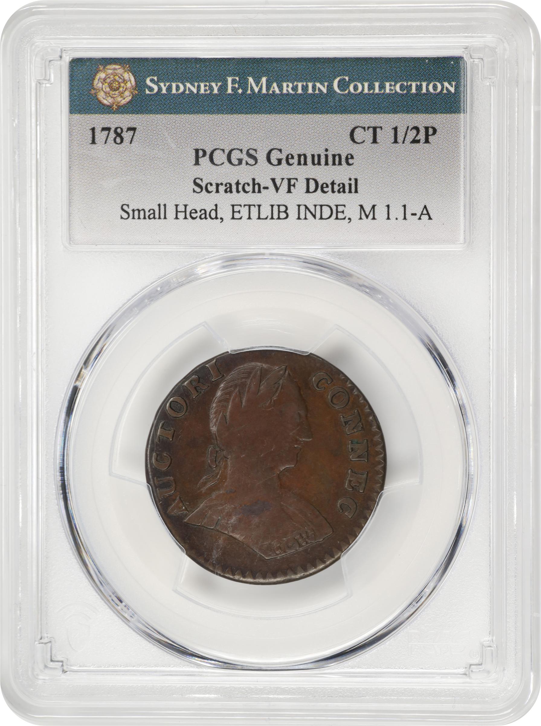 image for: 1787 Connecticut Copper. Miller 1.1-A, W-2700. Rarity-3. Mailed Bust Right, Small Head, ETLIB INDE. VF Details--Scratch (PCGS).