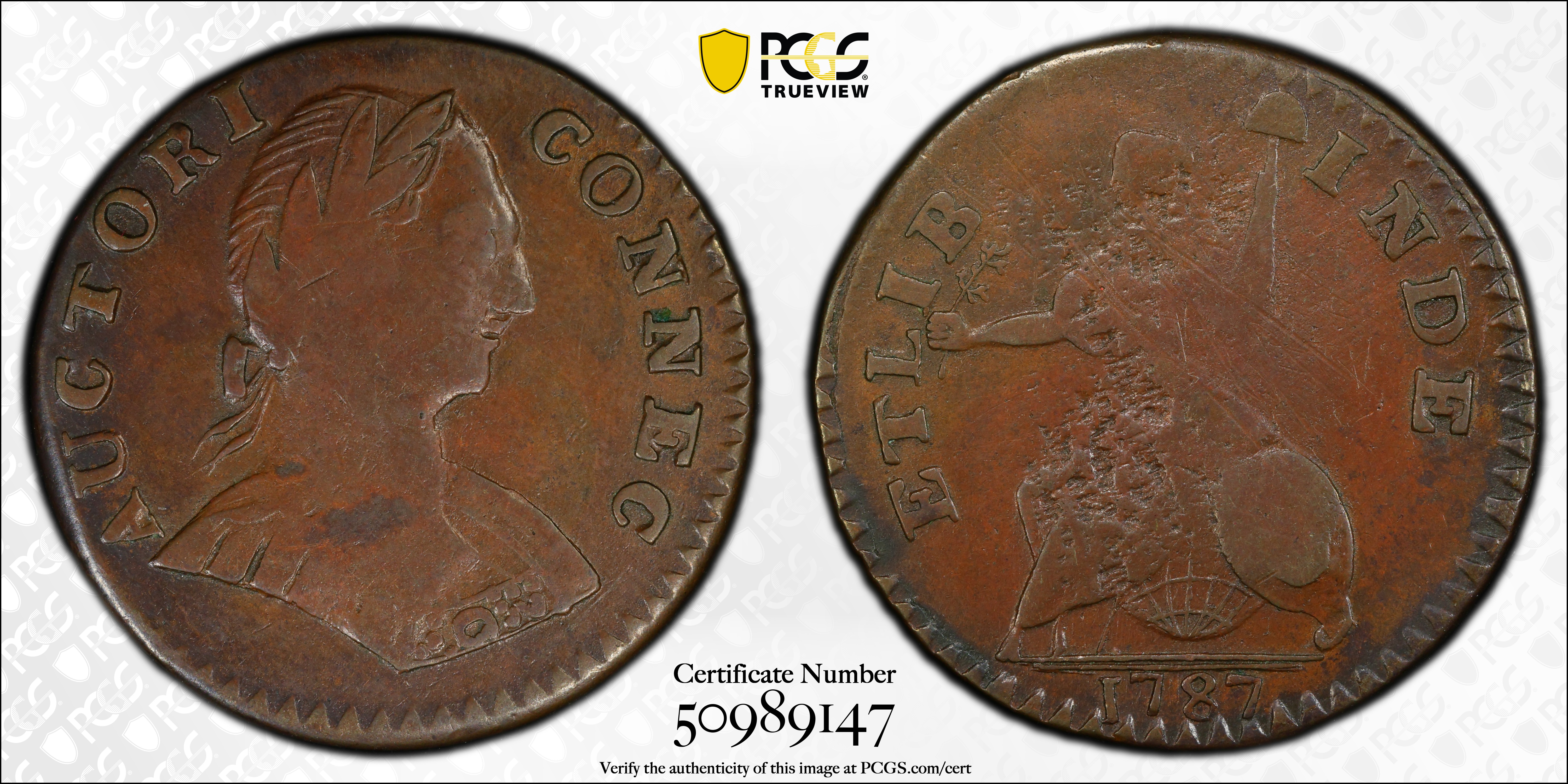 image for: 1787 Connecticut Copper. Miller 1.1-A, W-2700. Rarity-3. Mailed Bust Right, Small Head, ETLIB INDE. VF Details--Scratch (PCGS).