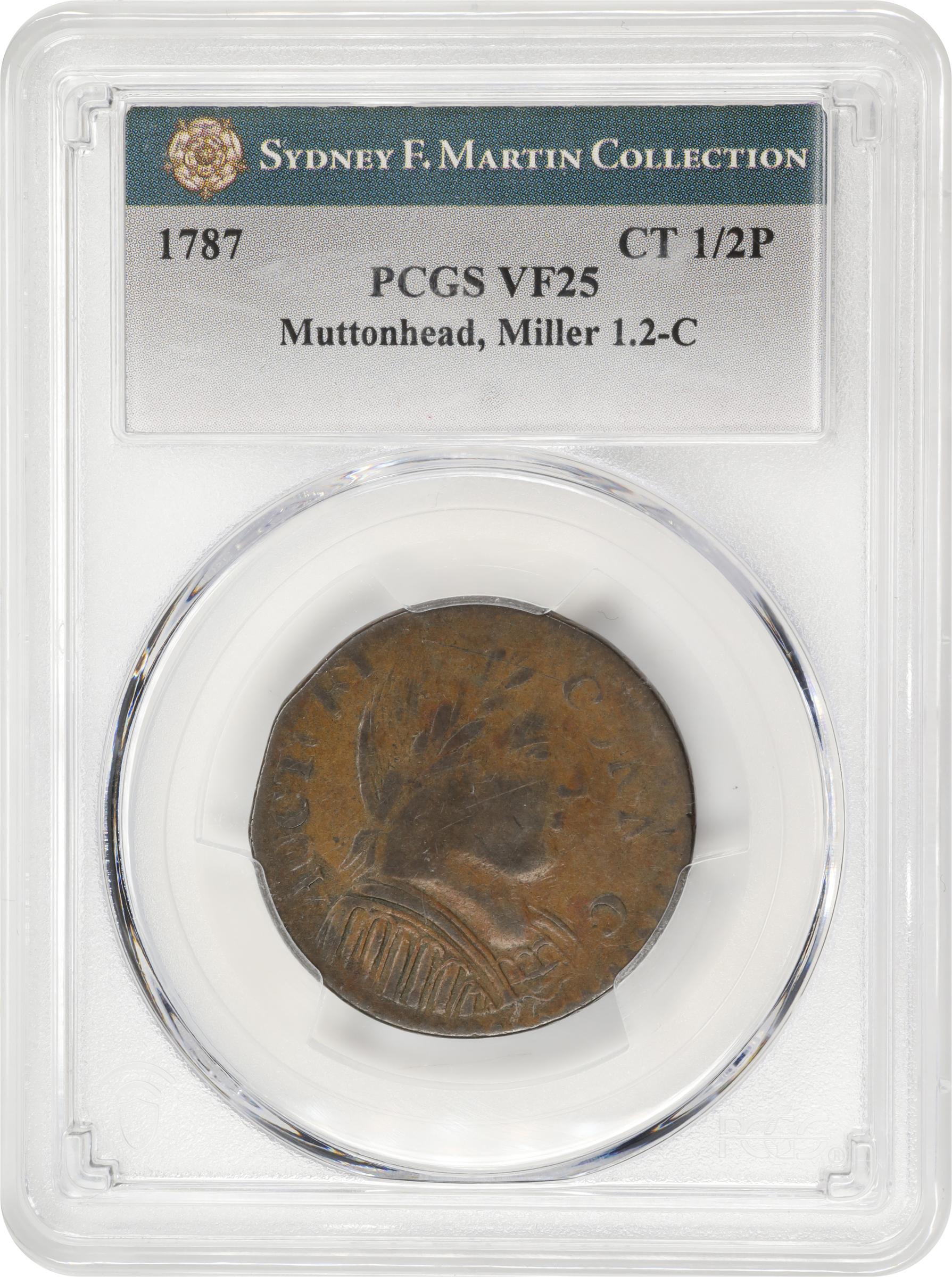image for: 1787 Connecticut Copper. Miller 1.2-C, W-2720. Rarity-3. Mailed Bust Right, Muttonhead, Topless Liberty. VF-25 (PCGS).