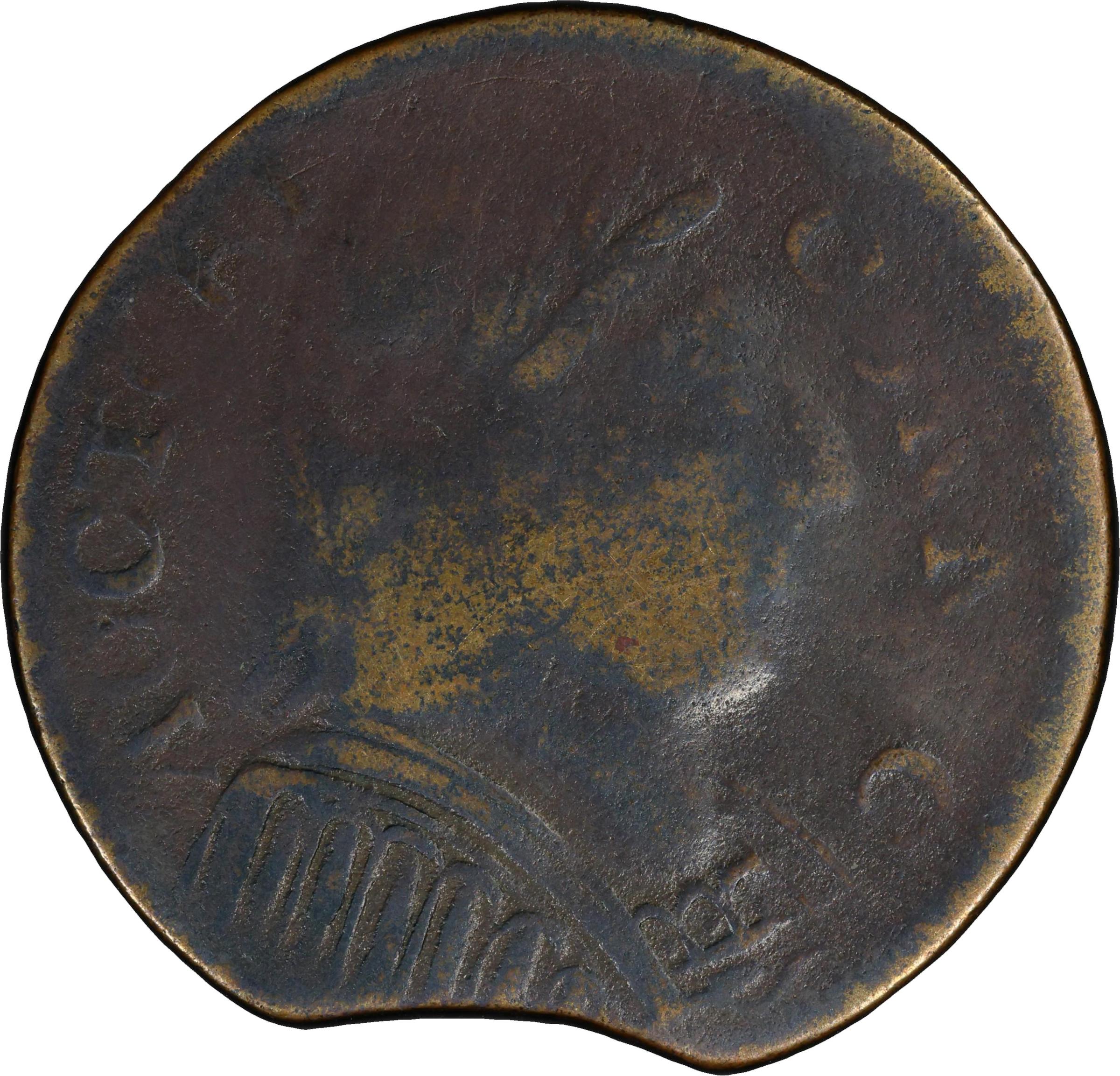 image for: 1787 Connecticut Copper. Miller 1.2-C, W-2720. Rarity-3. Mailed Bust Right, Muttonhead, Topless Liberty. Clipped Planchet. VG-10 (PCGS).