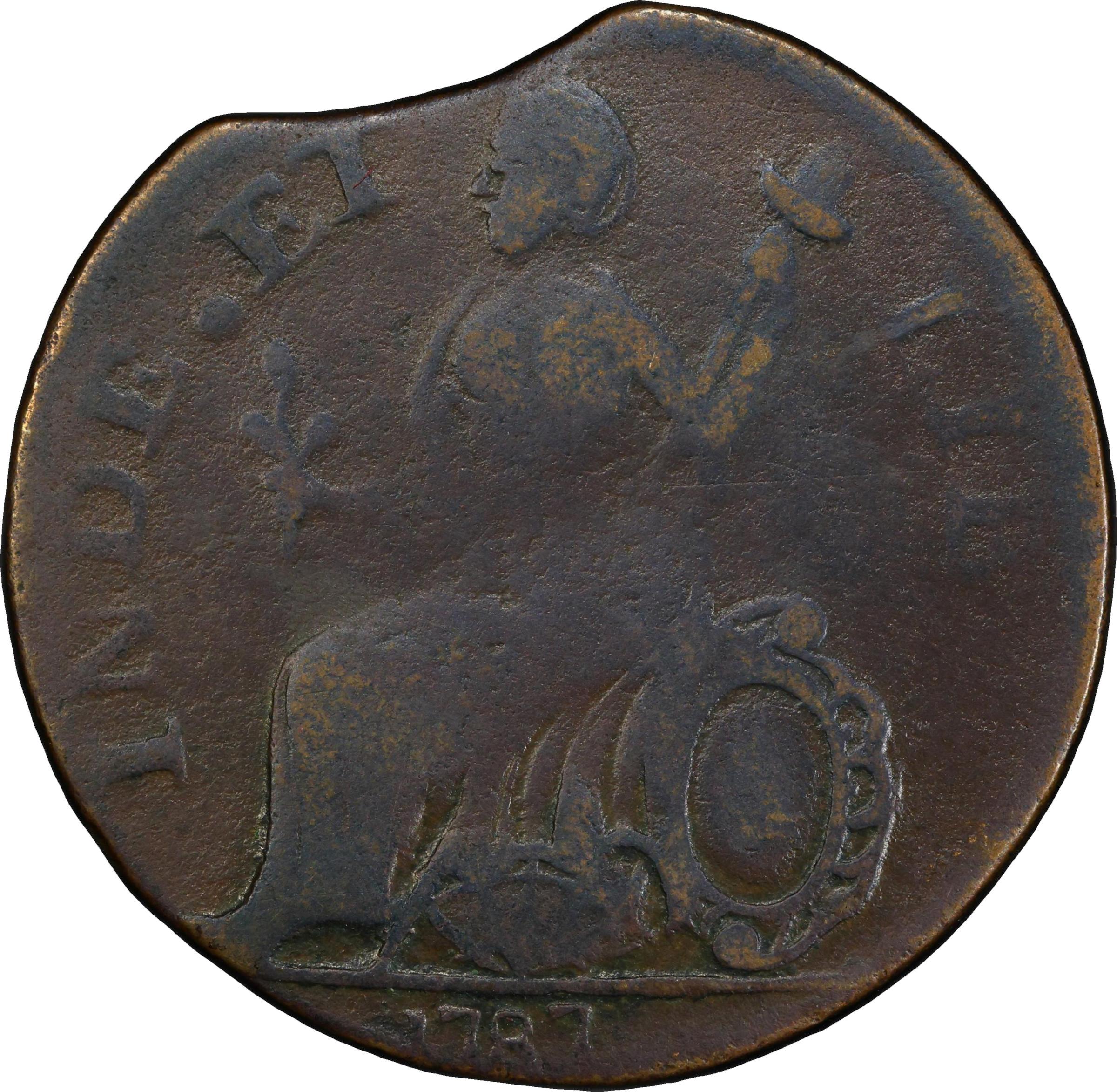image for: 1787 Connecticut Copper. Miller 1.2-C, W-2720. Rarity-3. Mailed Bust Right, Muttonhead, Topless Liberty. Clipped Planchet. VG-10 (PCGS).