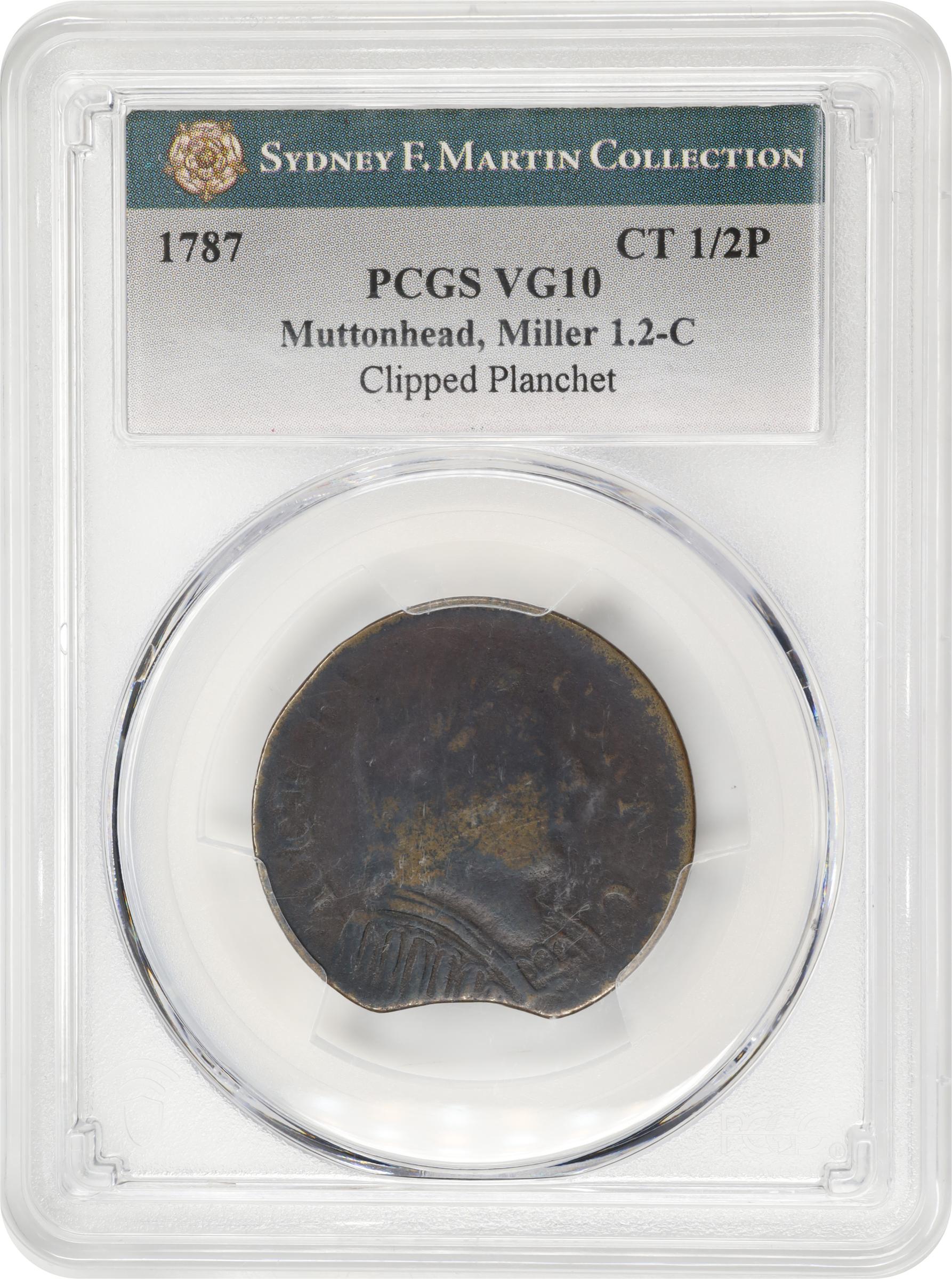 image for: 1787 Connecticut Copper. Miller 1.2-C, W-2720. Rarity-3. Mailed Bust Right, Muttonhead, Topless Liberty. Clipped Planchet. VG-10 (PCGS).