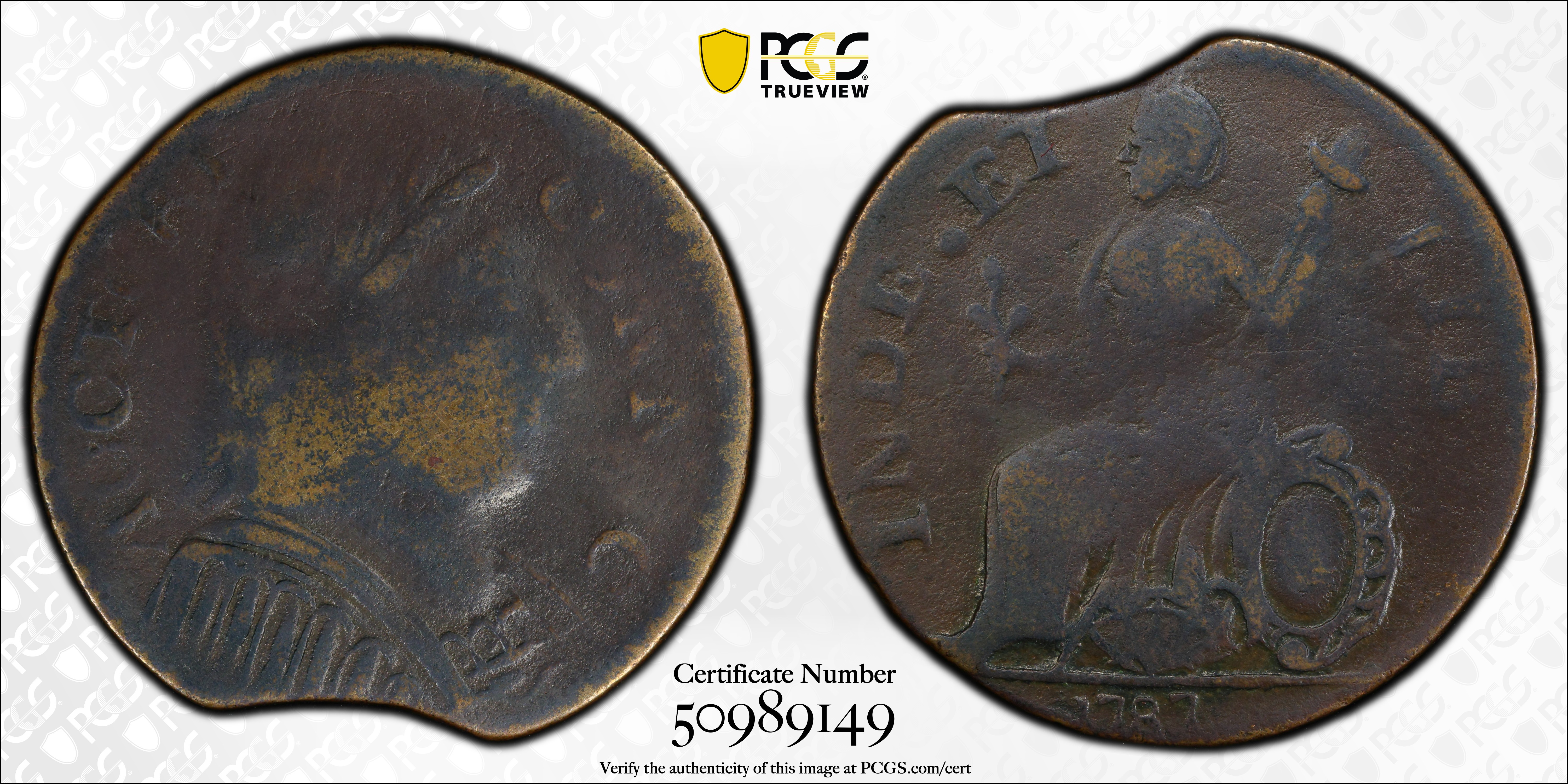 image for: 1787 Connecticut Copper. Miller 1.2-C, W-2720. Rarity-3. Mailed Bust Right, Muttonhead, Topless Liberty. Clipped Planchet. VG-10 (PCGS).