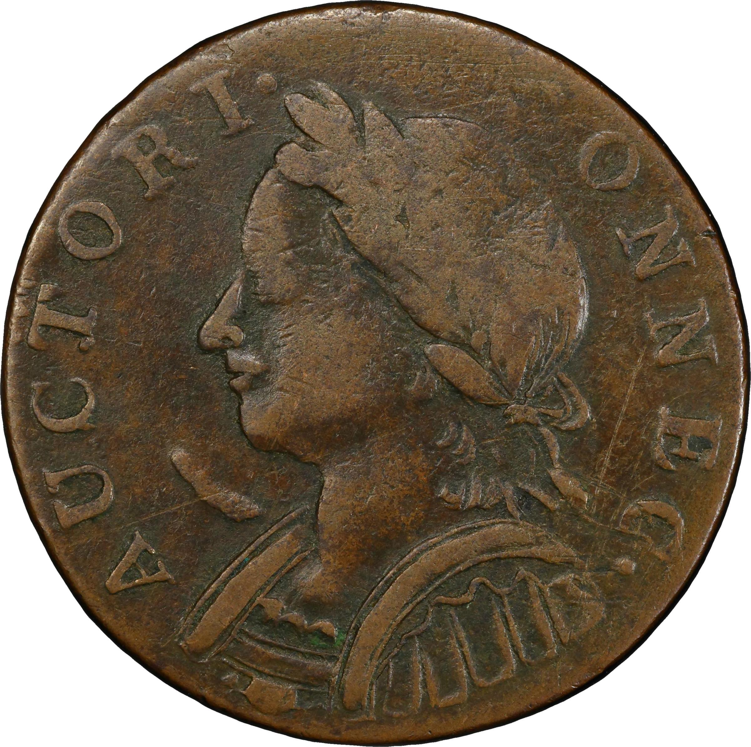 image for: 1787 Connecticut Copper. Miller 4-L, W-2810. Rarity-1. Mailed Bust Left, Horned Bust. VF-30 (PCGS).