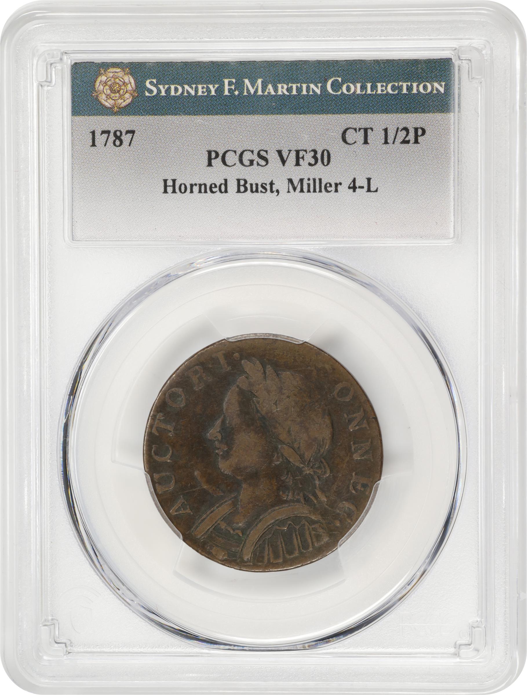 image for: 1787 Connecticut Copper. Miller 4-L, W-2810. Rarity-1. Mailed Bust Left, Horned Bust. VF-30 (PCGS).