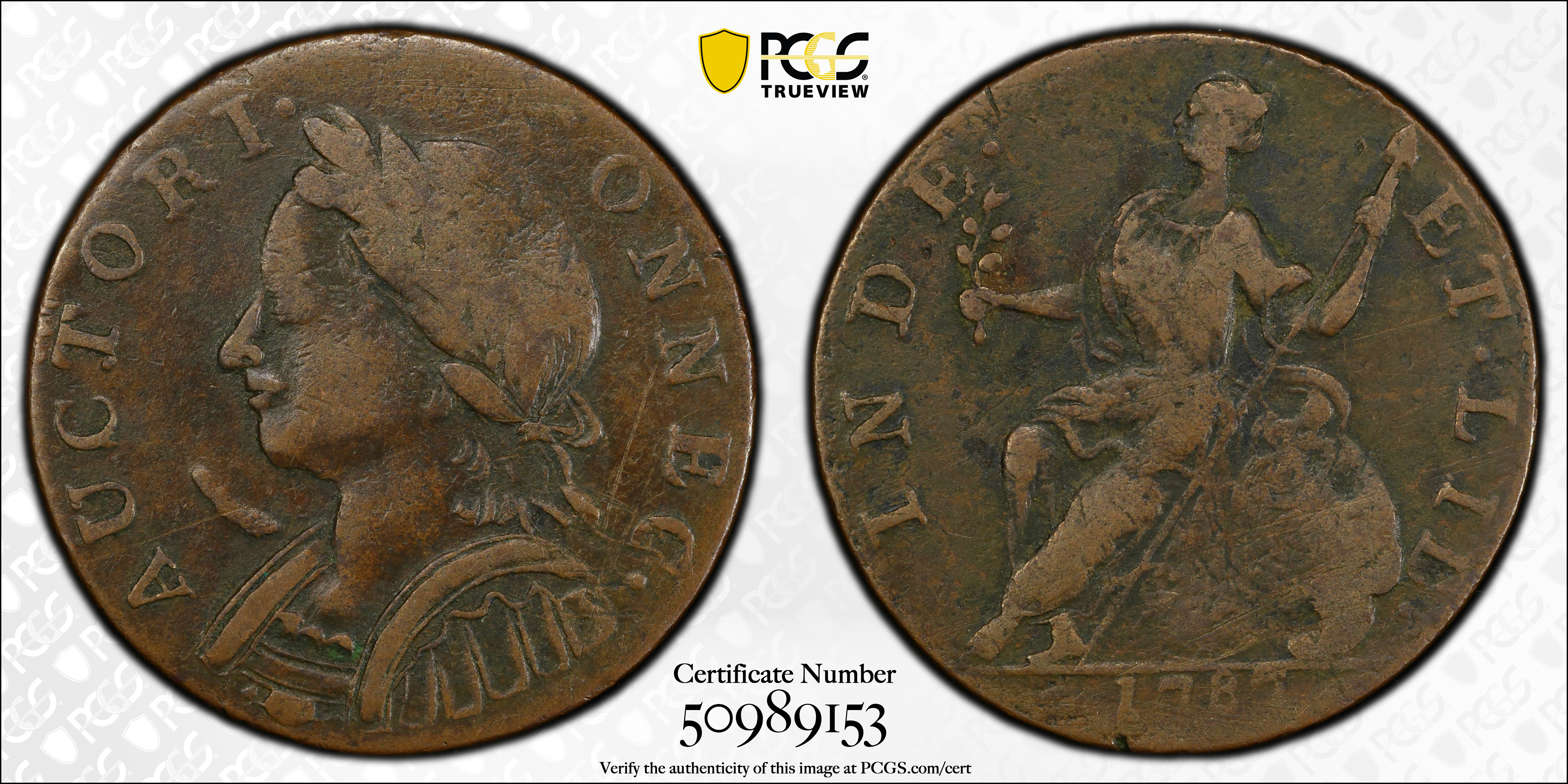 image for: 1787 Connecticut Copper. Miller 4-L, W-2810. Rarity-1. Mailed Bust Left, Horned Bust. VF-30 (PCGS).