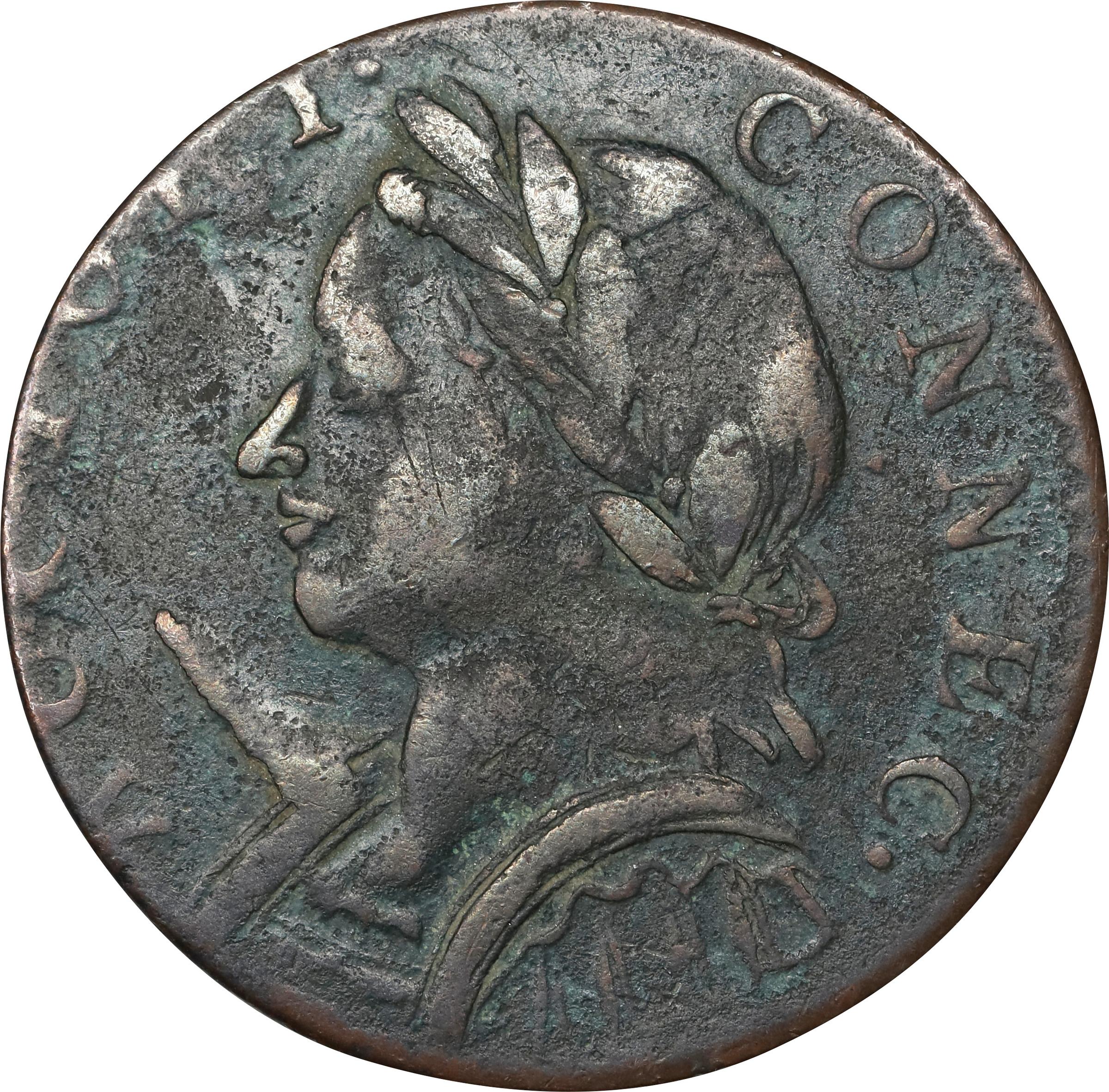 image for: 1787 Connecticut Copper. Miller 4-L, W-2810. Rarity-1. Mailed Bust Left, Horned Bust. Very Fine, Corroded.
