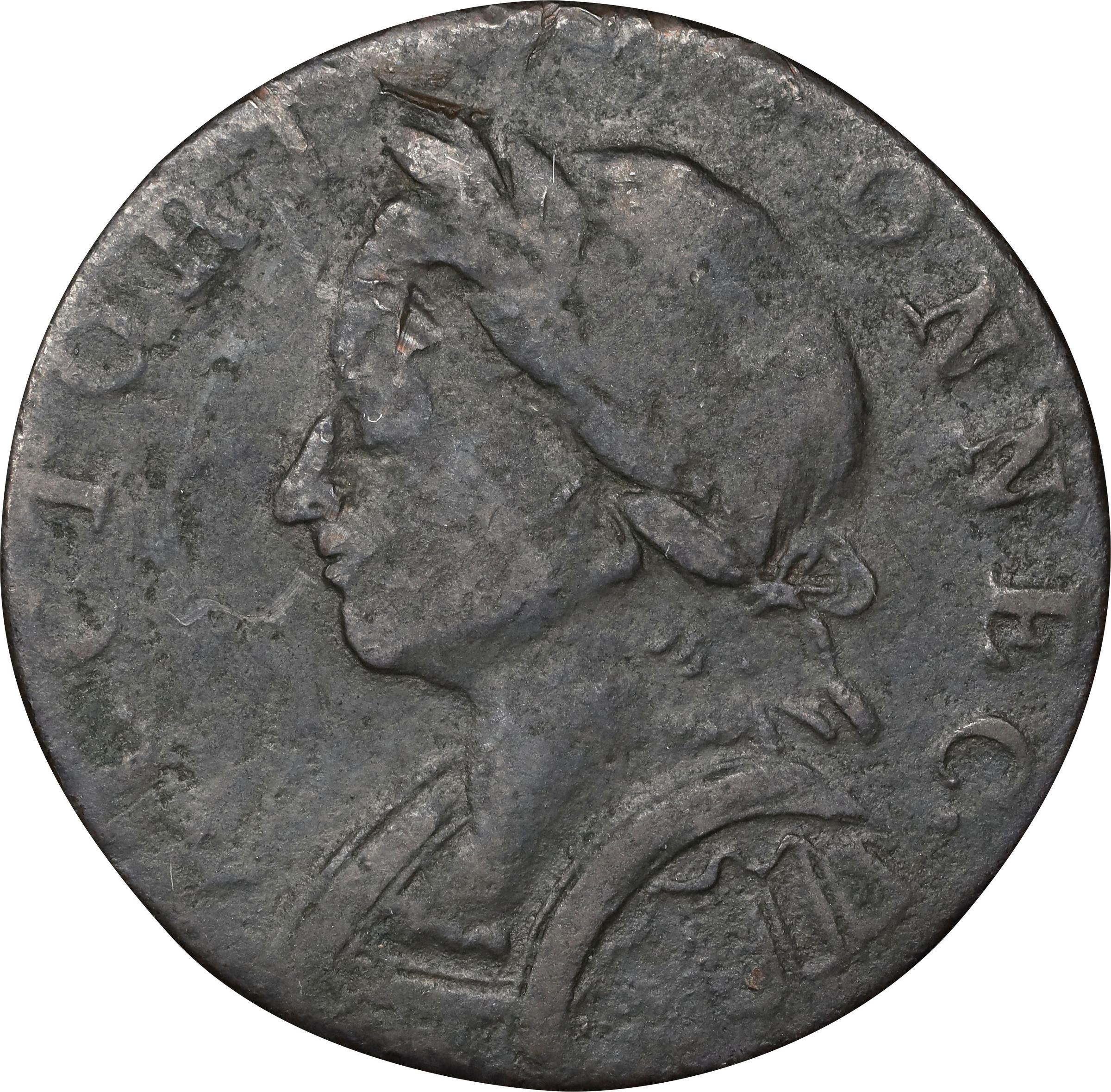 image for: 1787 Connecticut Copper. Miller 4-L, W-2810. Rarity-1. Mailed Bust Left, Horned Bust. Fine, Porous.