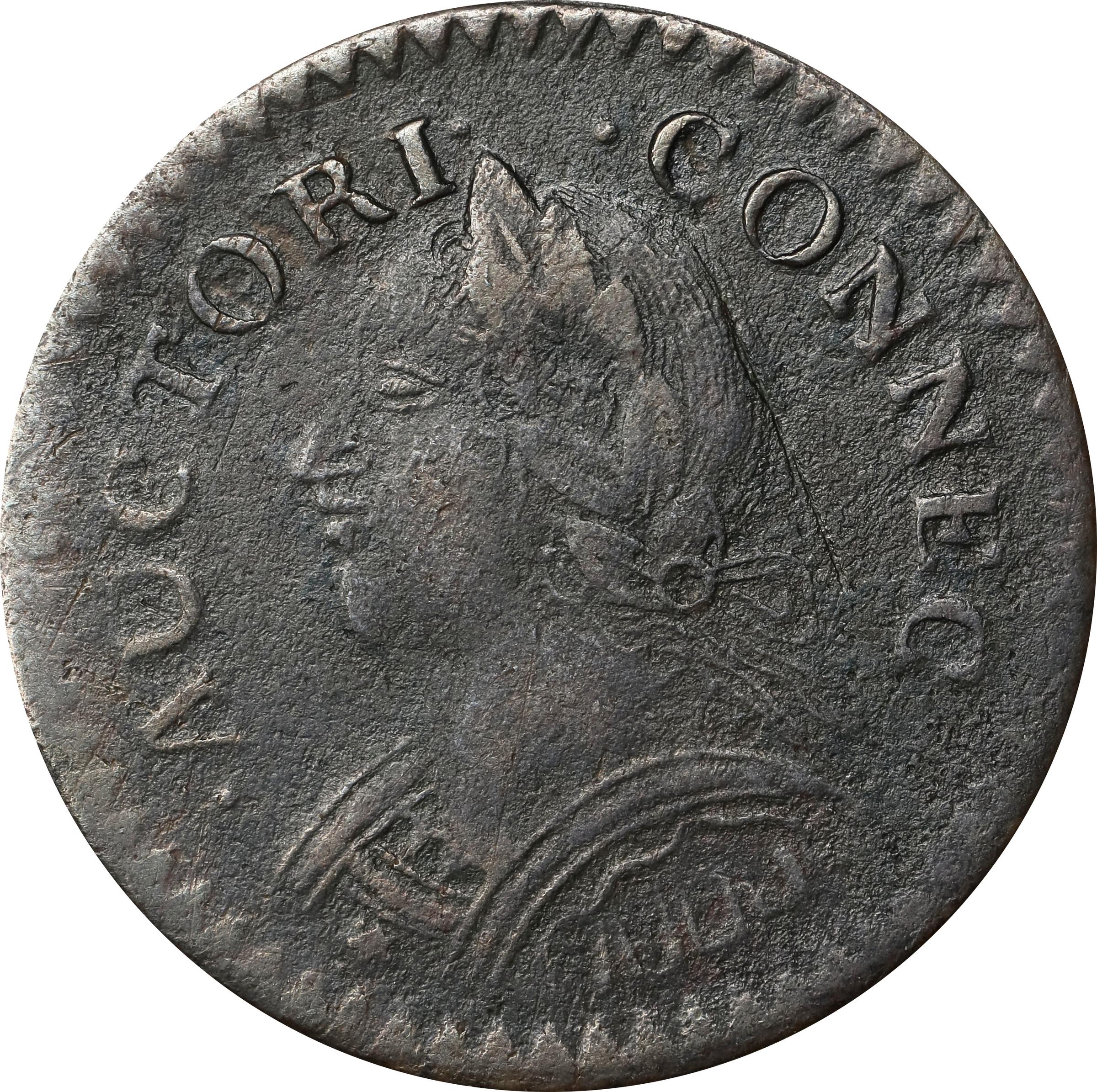 image for: 1787 Connecticut Copper. Miller 6.1-M, W-2820. Rarity-1. Mailed Bust Left, First Laughing Head. Very Fine, Porous.